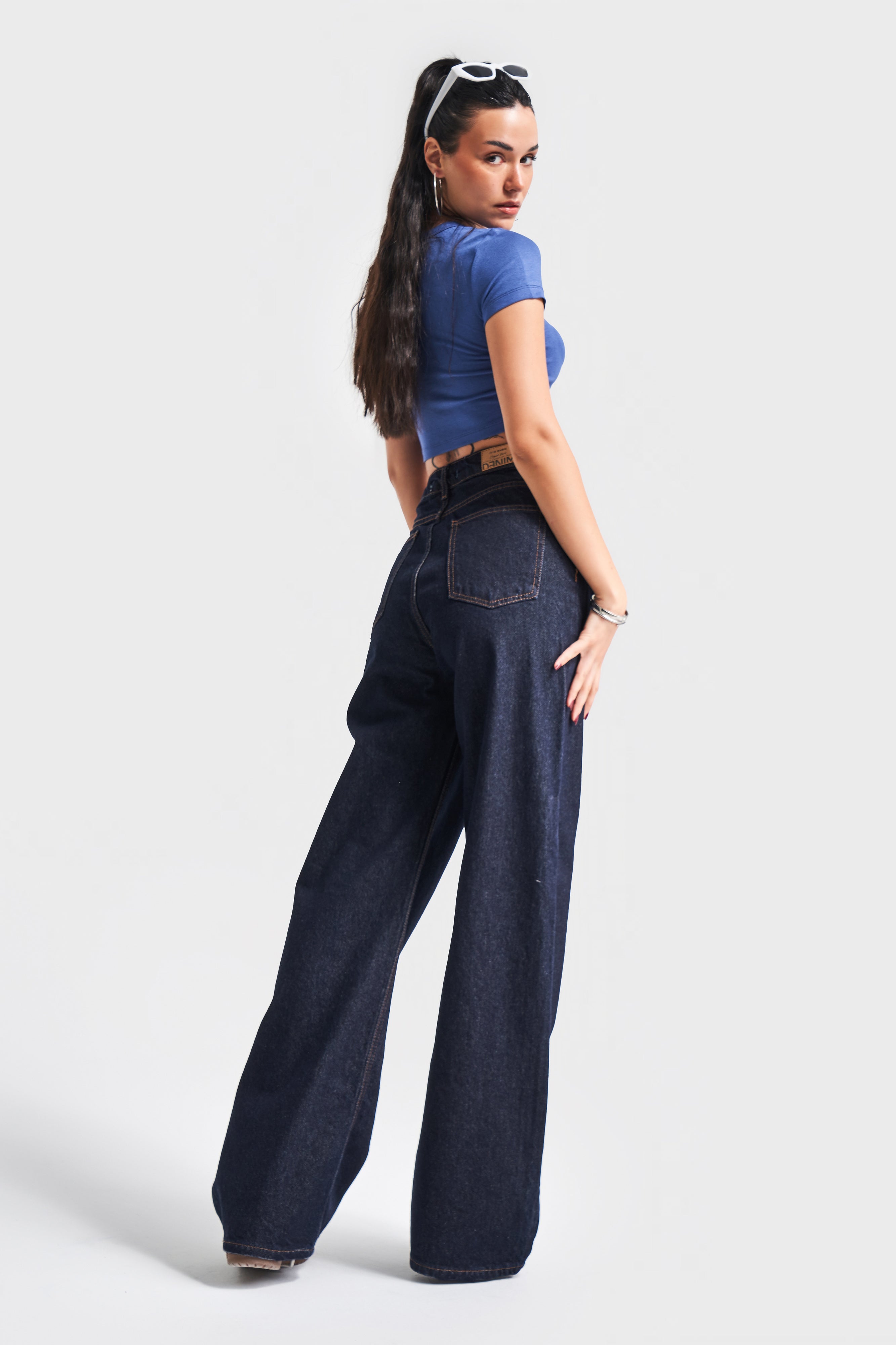 Kadın Lacivert Su Yıkama 7W4-50 Wide Leg Fit %100 Koton Denim Jean