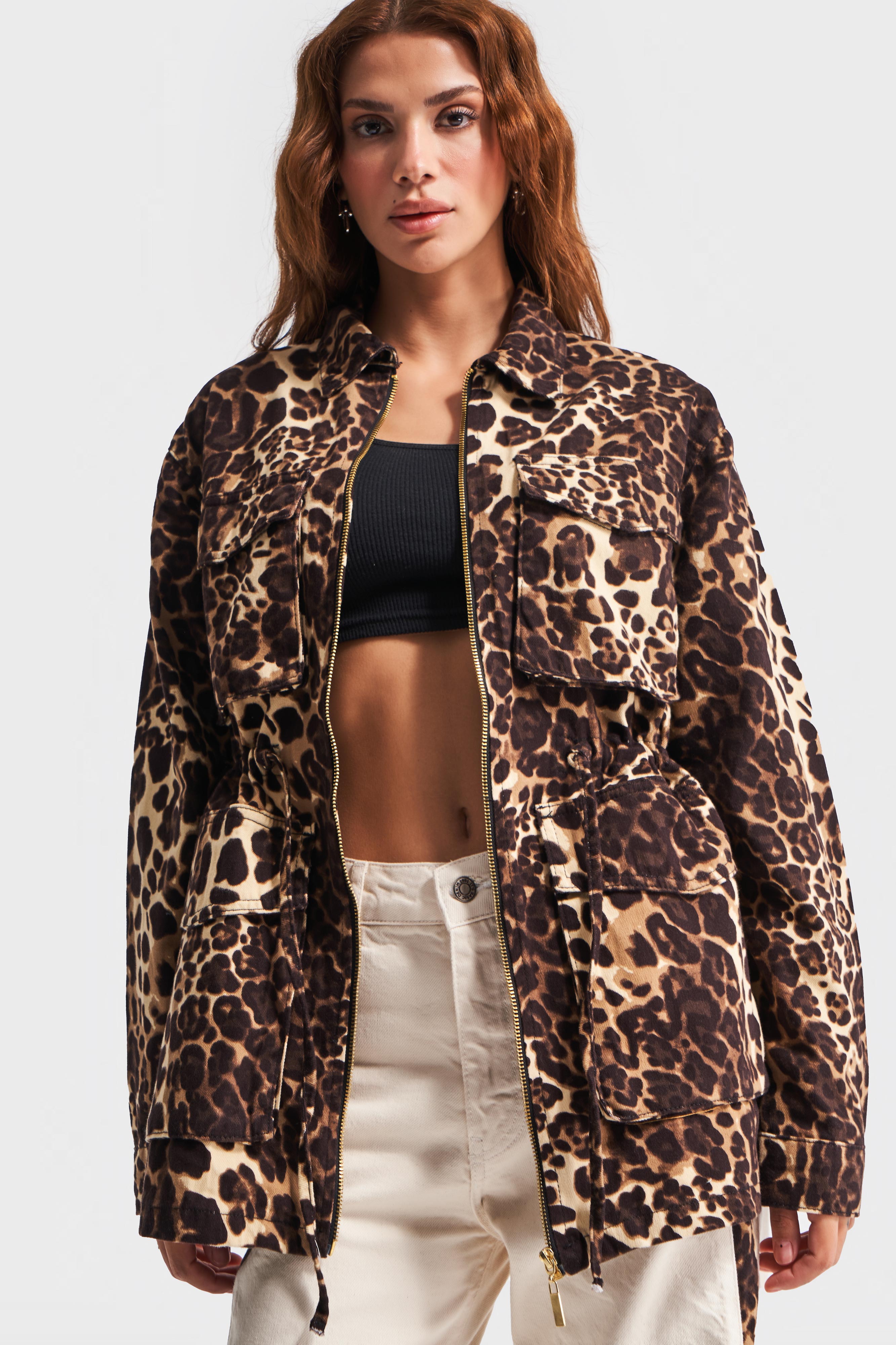 Women's Leopard Color Zipper Design Denim Trench Coat