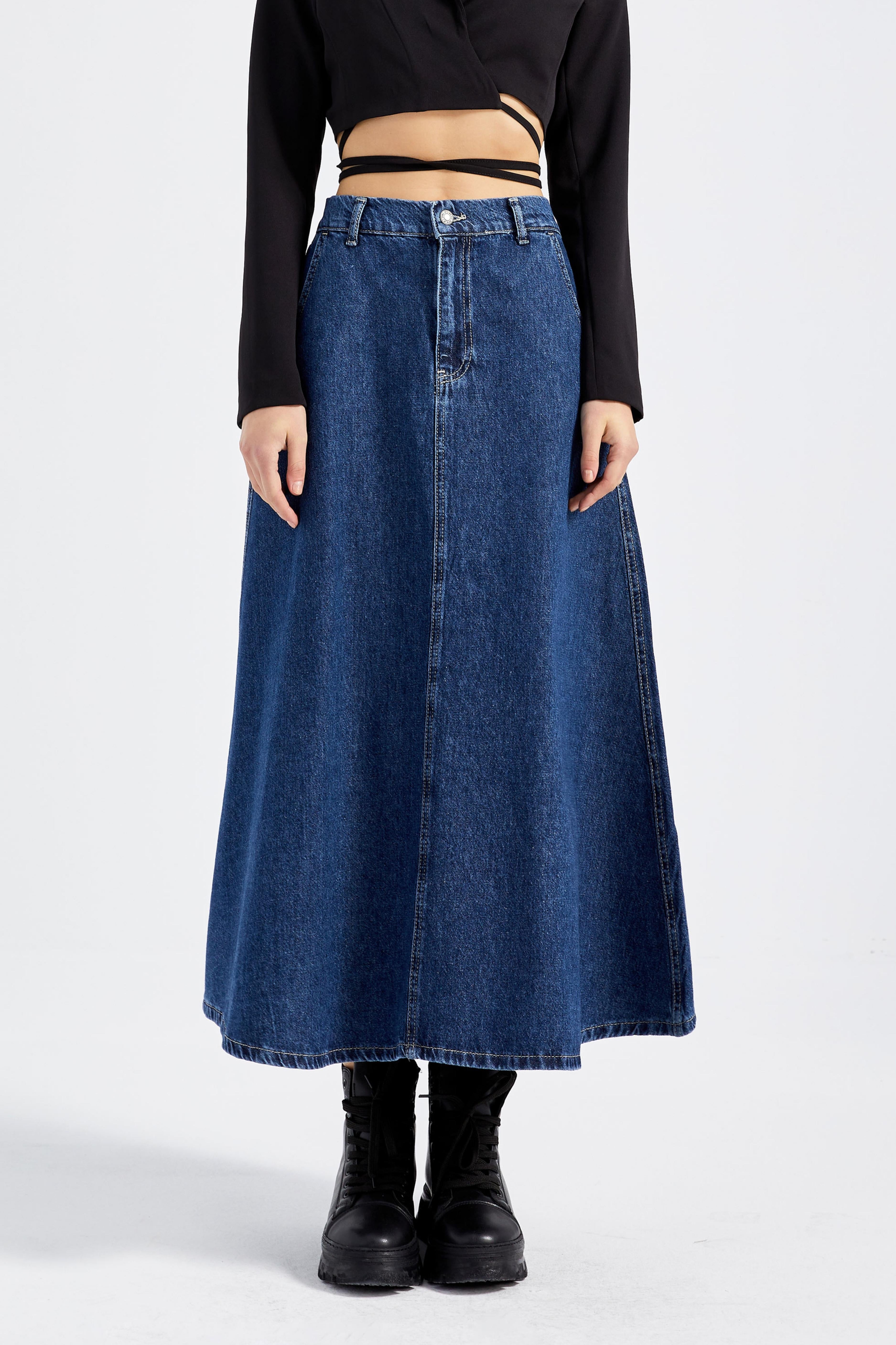 Women's Blue Color A Type Cut Denim Skirt