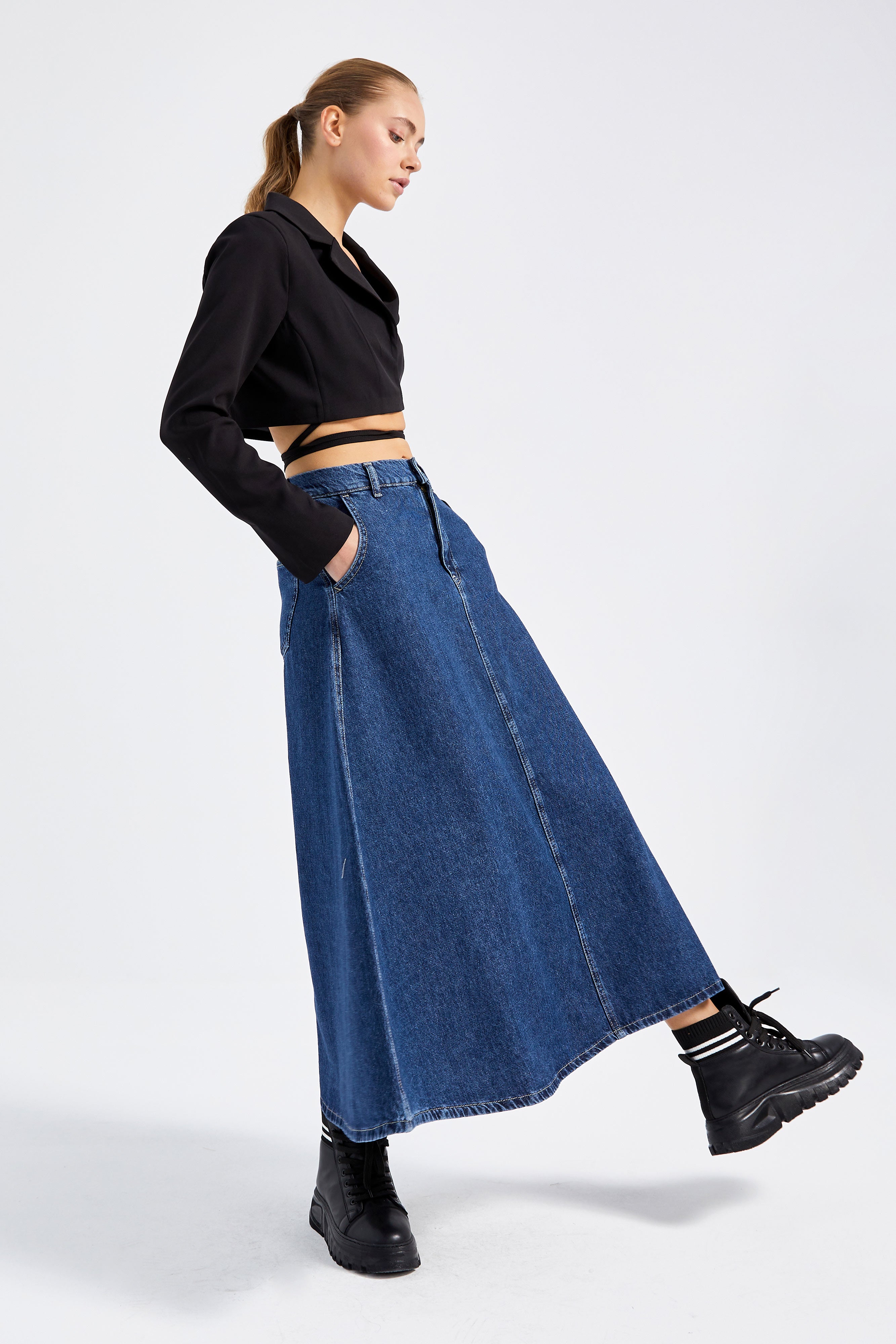 Women's Blue Color A Type Cut Denim Skirt