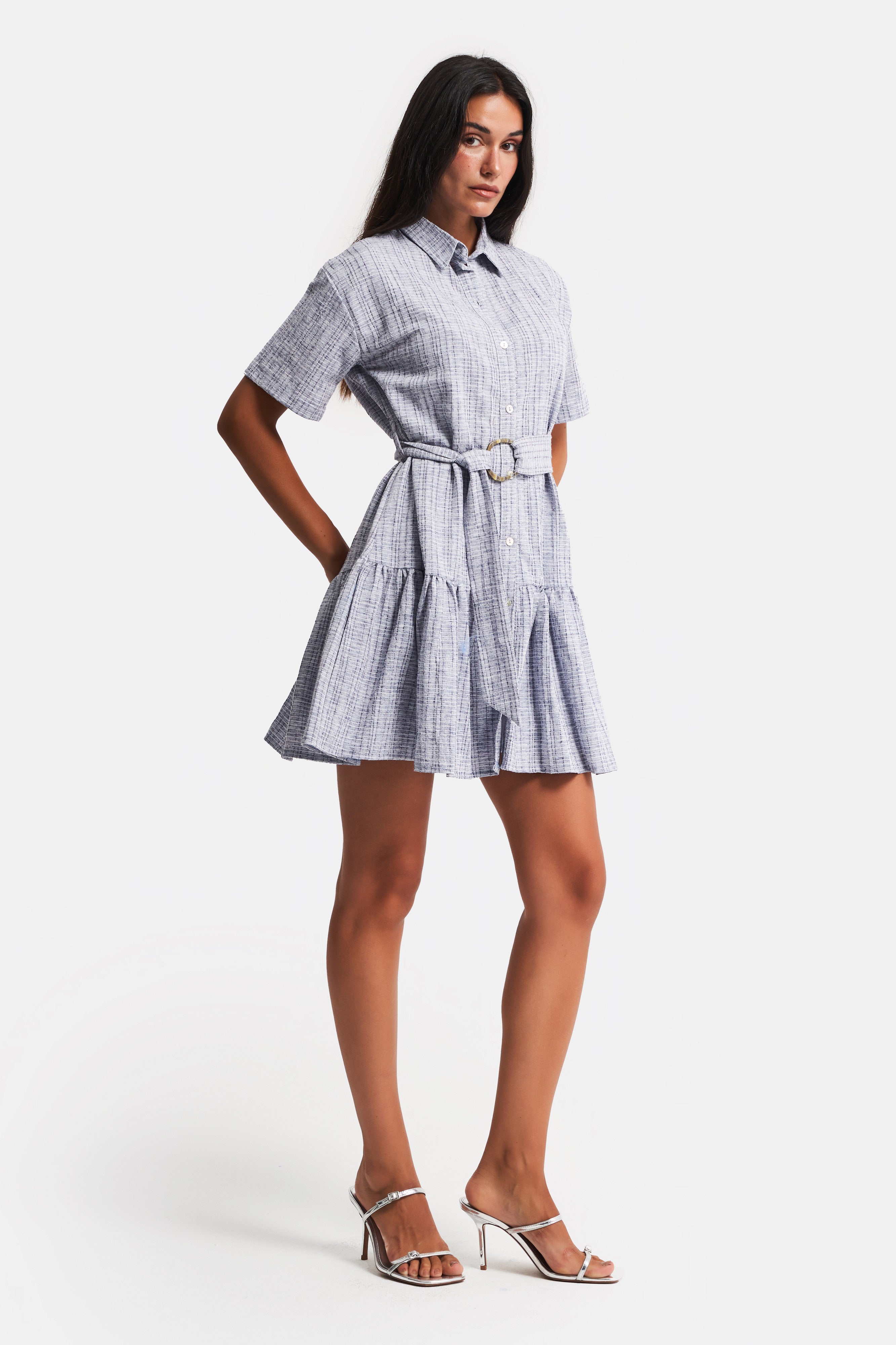 Women's Blue Lined Fabric Feature Belt Detail Dress