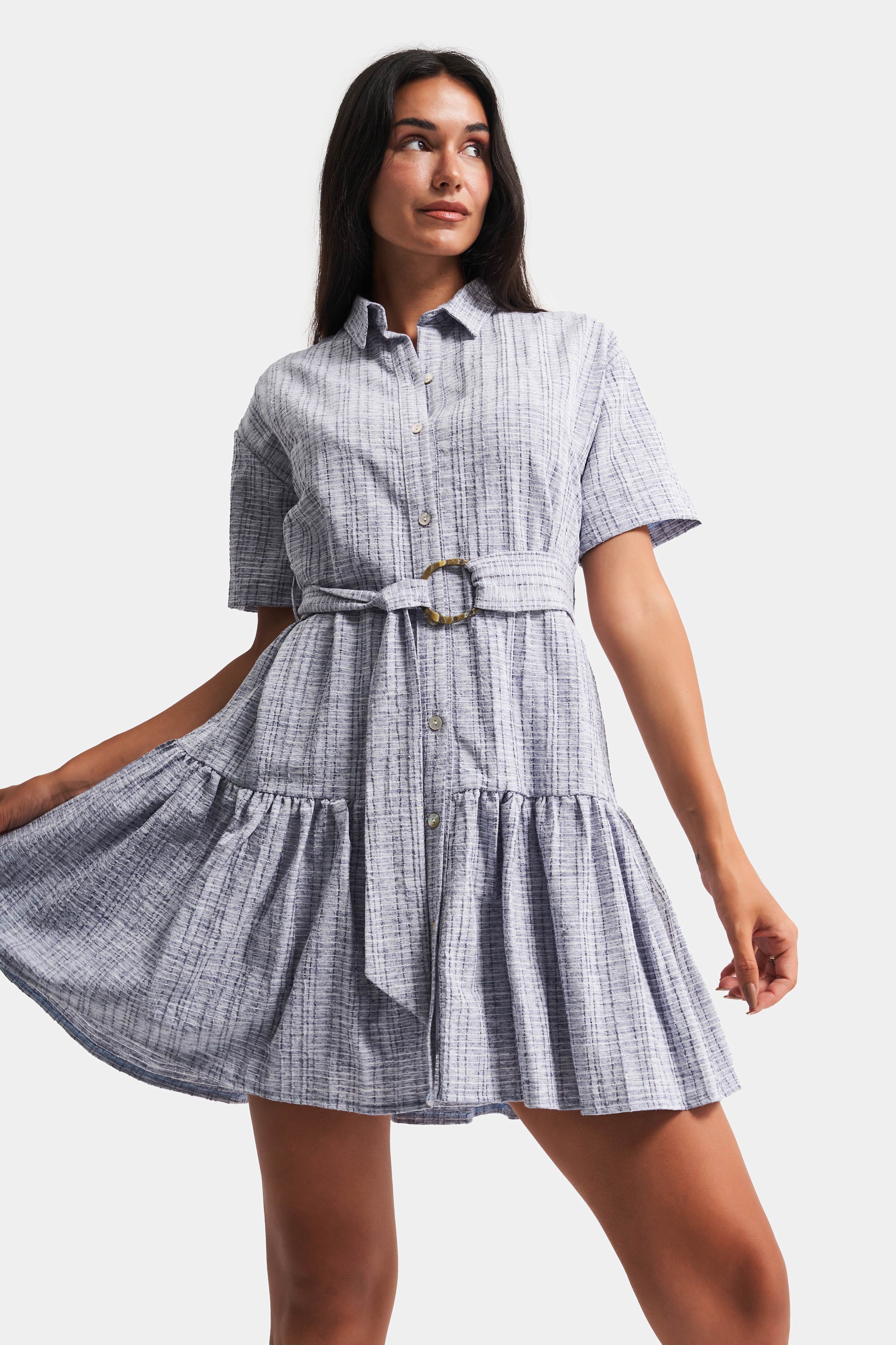 Women's Blue Lined Fabric Feature Belt Detail Dress