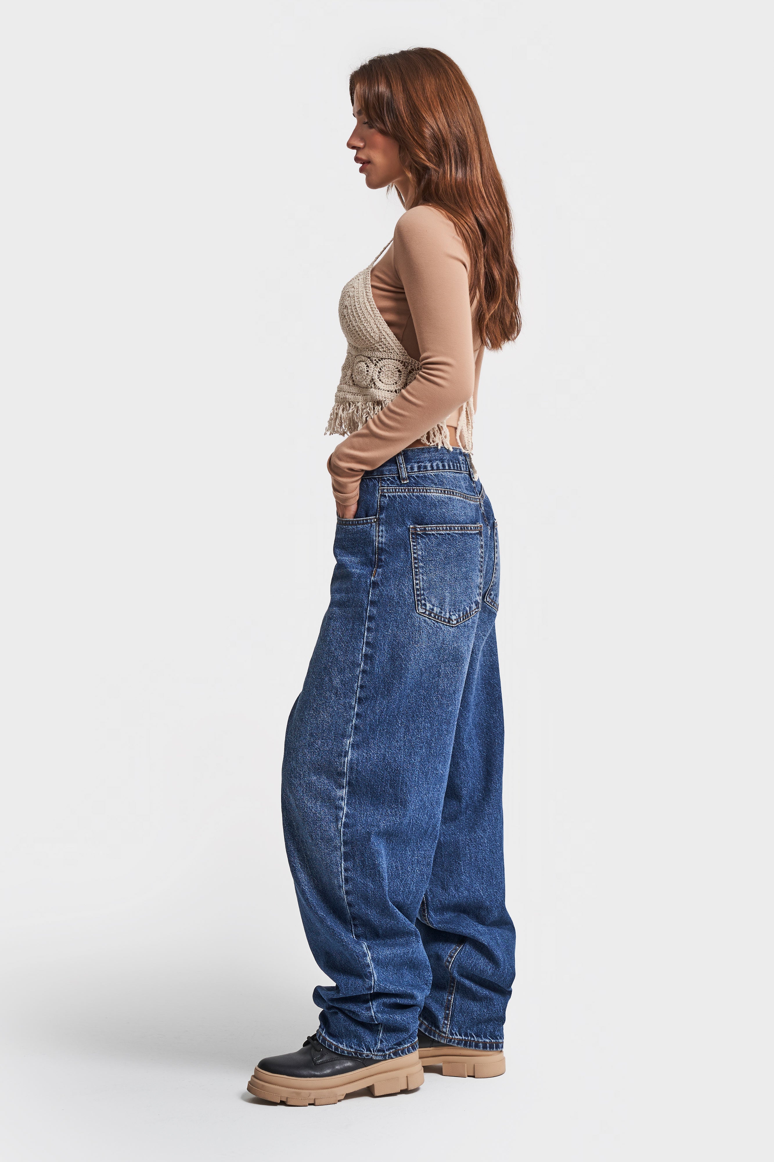 Women's Blue Jeans Color 2W4-5 Super Baggy Fit 100% Cotton Super Long Mid Waist Denim Jean