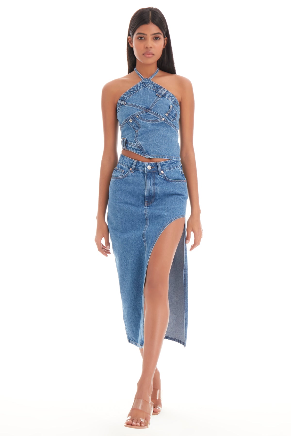 Women's Blue Denim Color Side Deep Slit Detail Long Denim Skirt