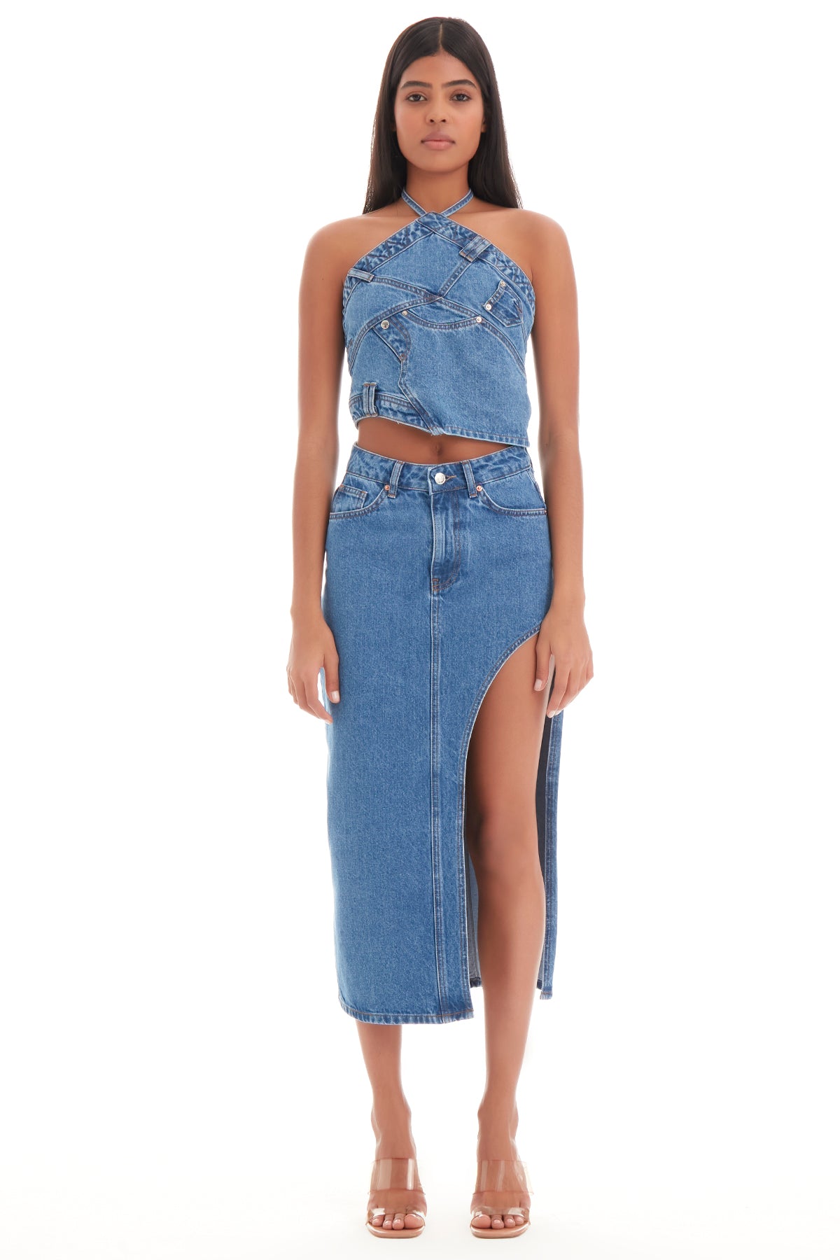 Women's Blue Denim Color Side Deep Slit Detail Long Denim Skirt