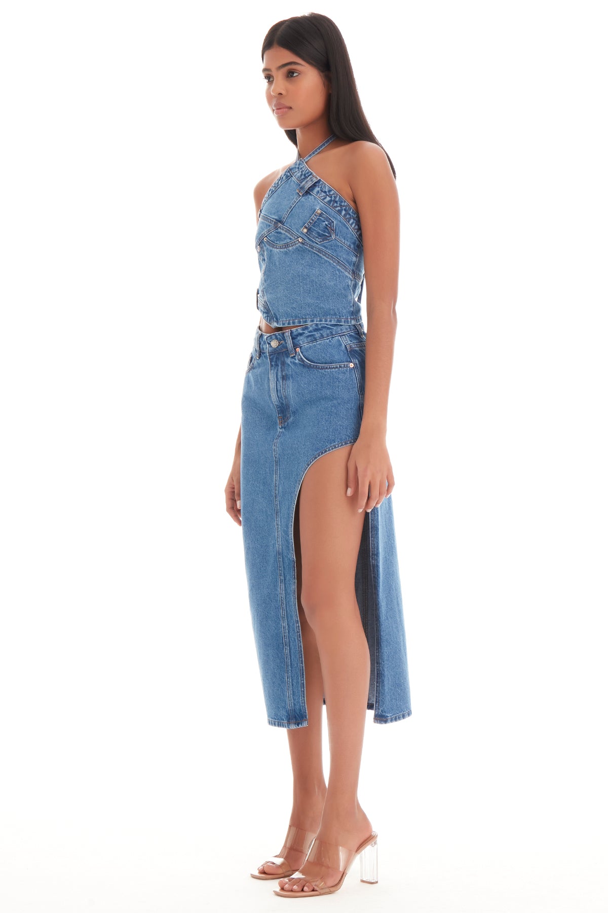 Women's Blue Denim Color Side Deep Slit Detail Long Denim Skirt