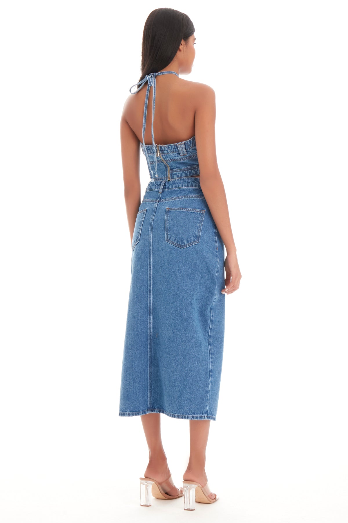 Women's Blue Denim Color Side Deep Slit Detail Long Denim Skirt