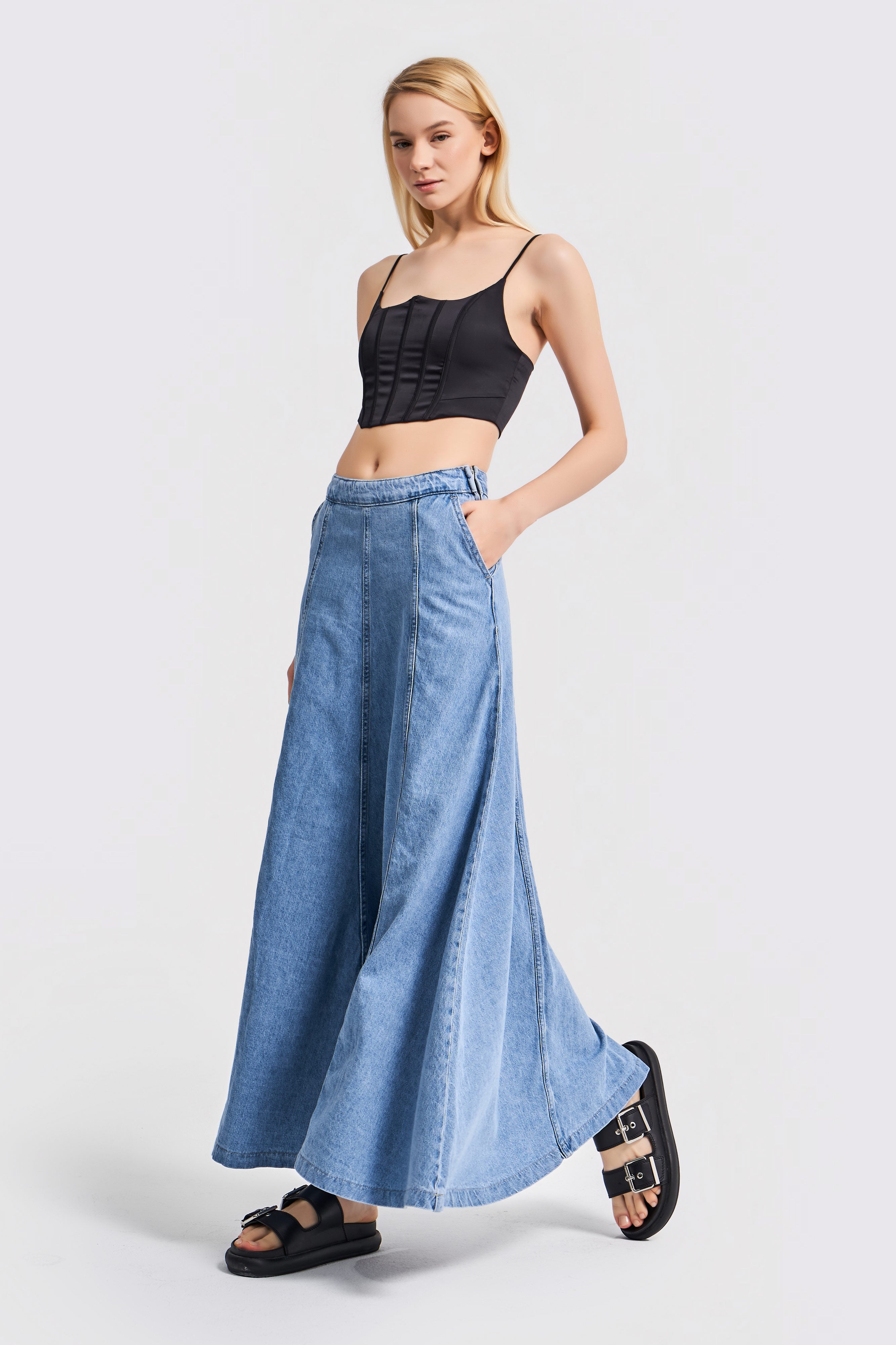 Women Blue Color A Form Maxi Length 102 cm Denim Skirt