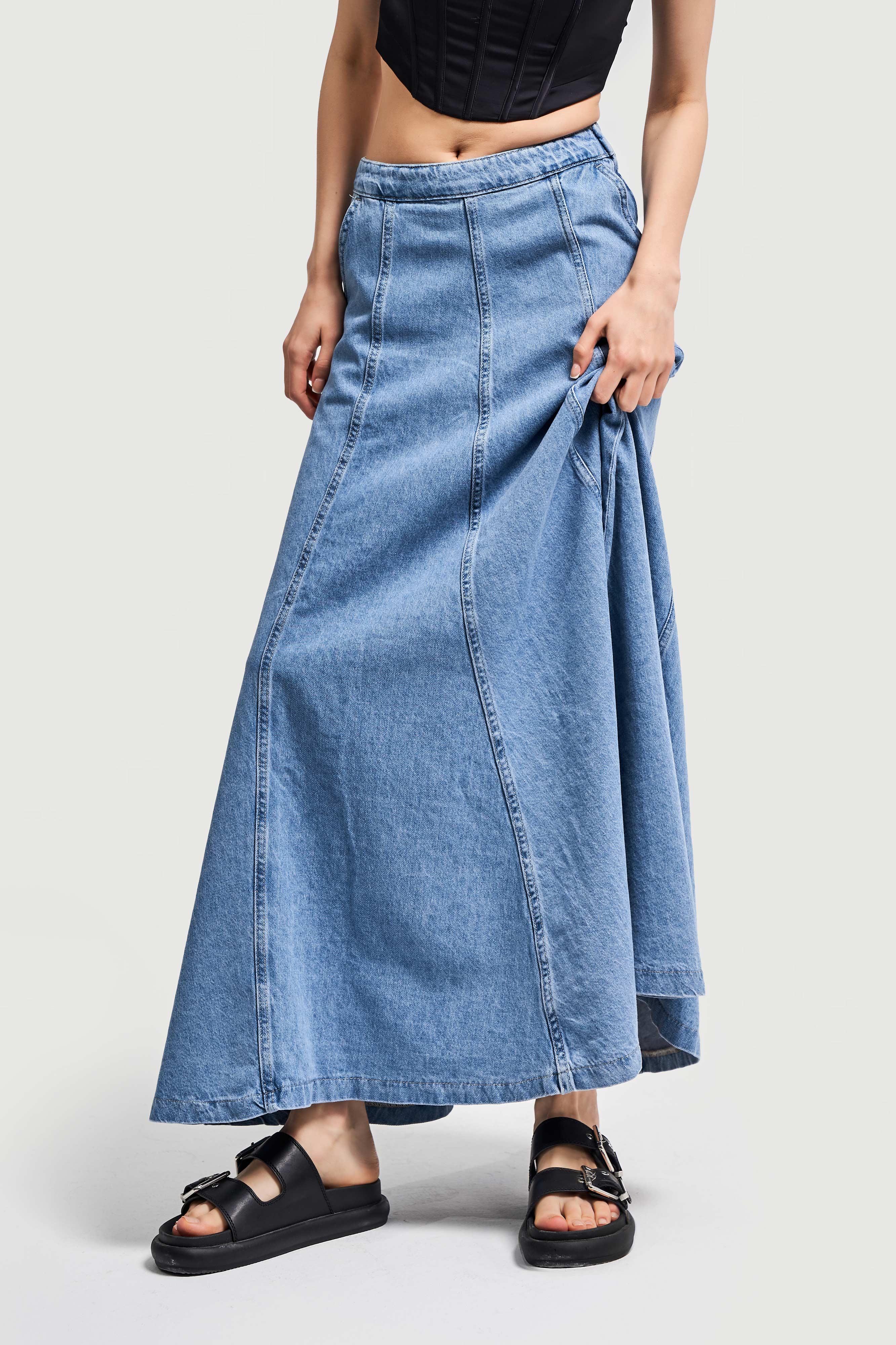 Women Blue Color A Form Maxi Length 102 cm Denim Skirt