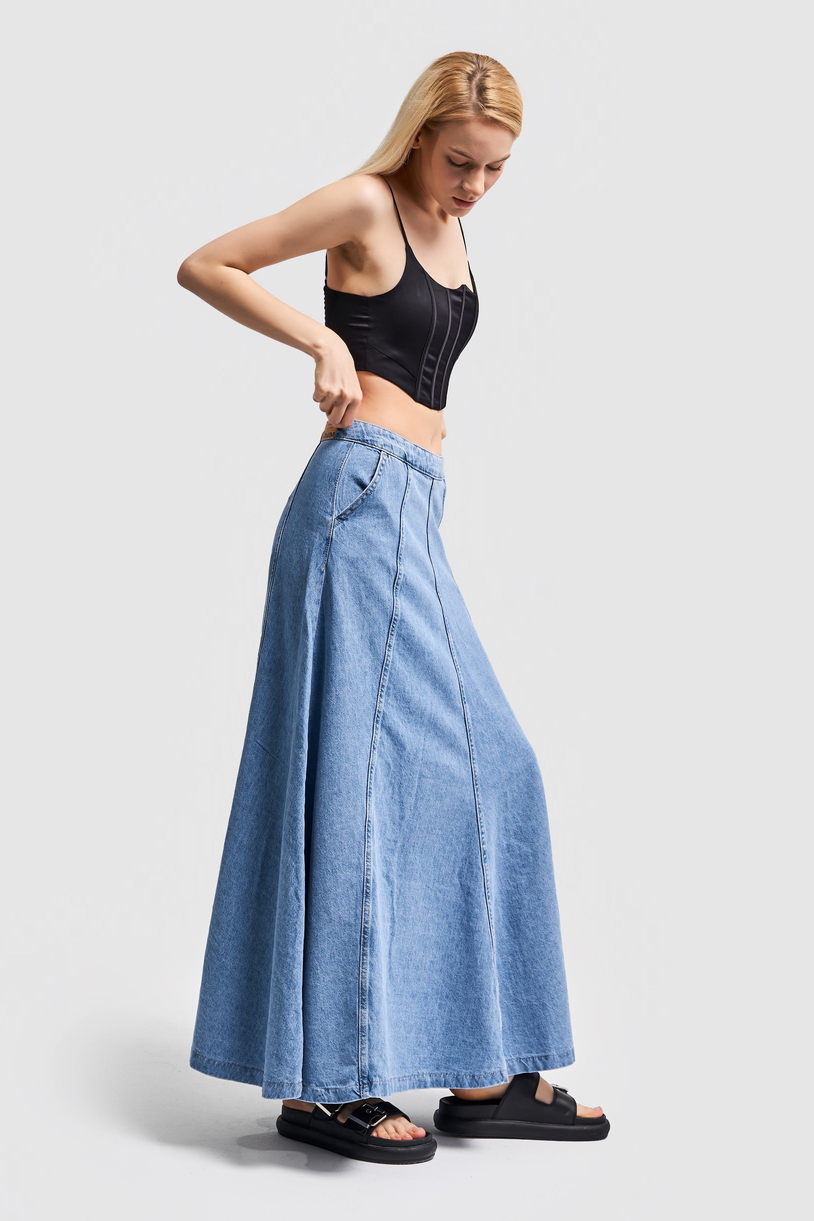 Women Blue Color A Form Maxi Length 102 cm Denim Skirt