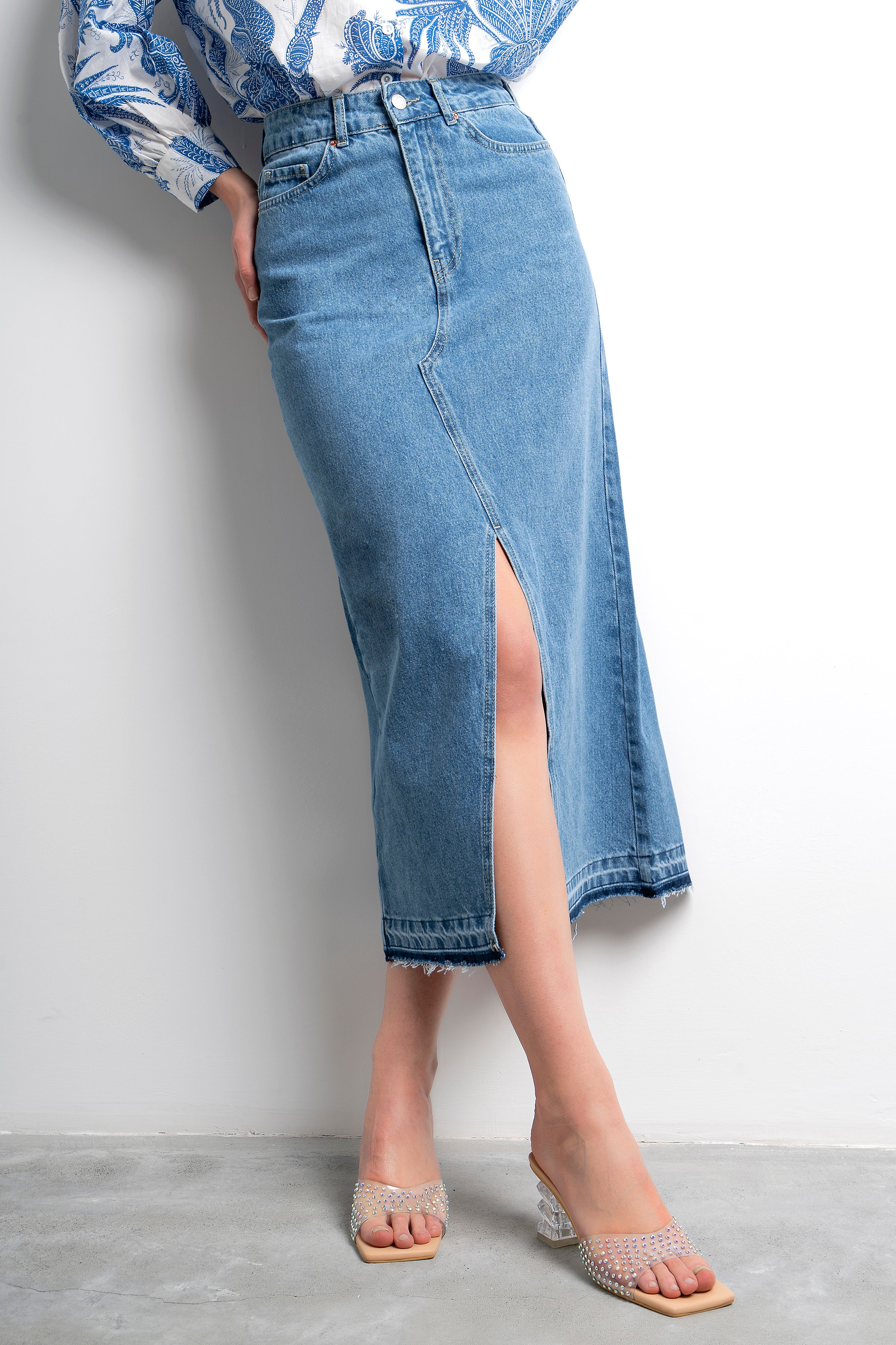 Women's Blue Color Deep Slit High Waist Long Denim Skirt