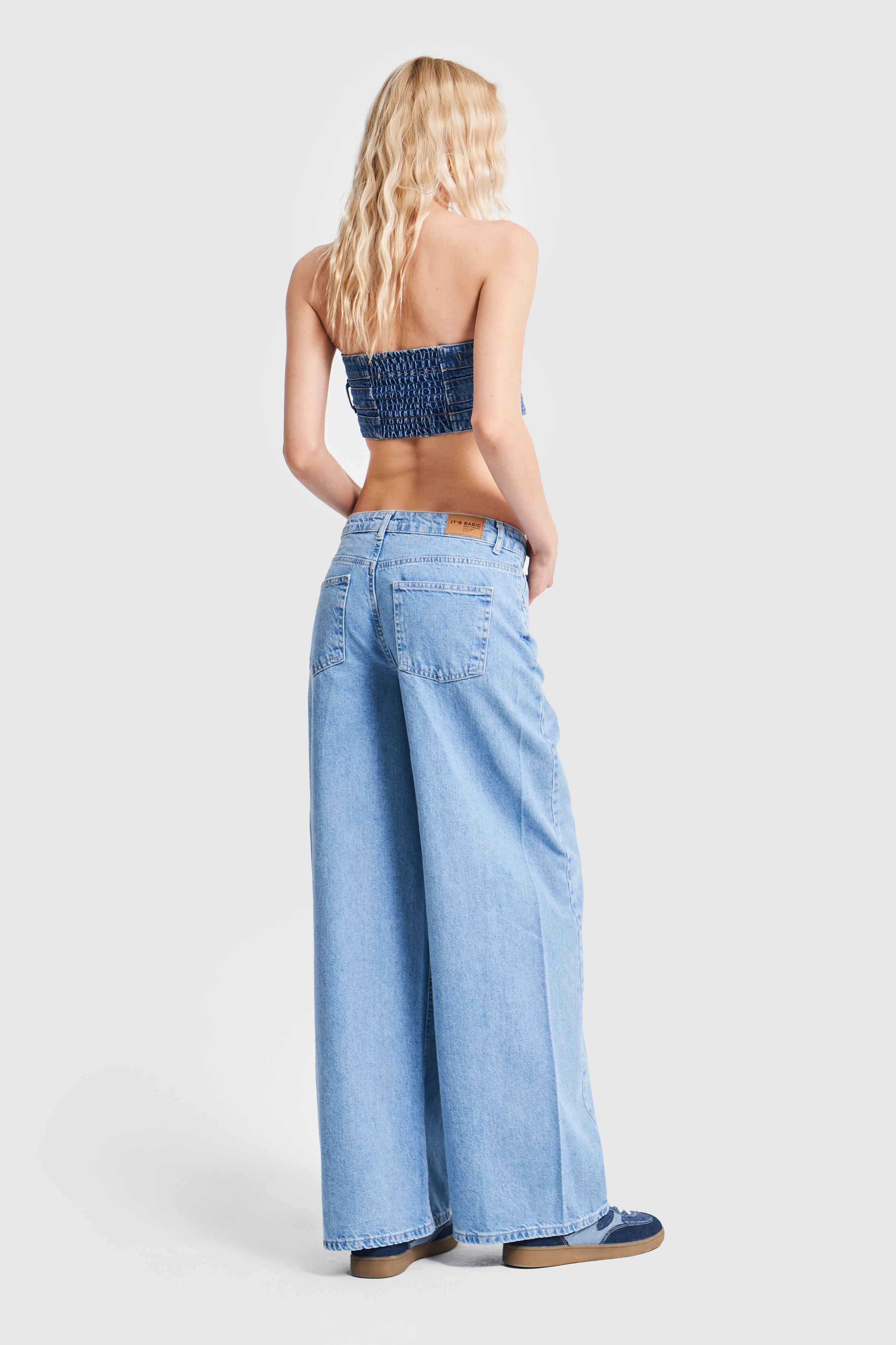 Kadın Mavi Renk Düşük Bel Süper Wide Leg Fit Denim Pantolon