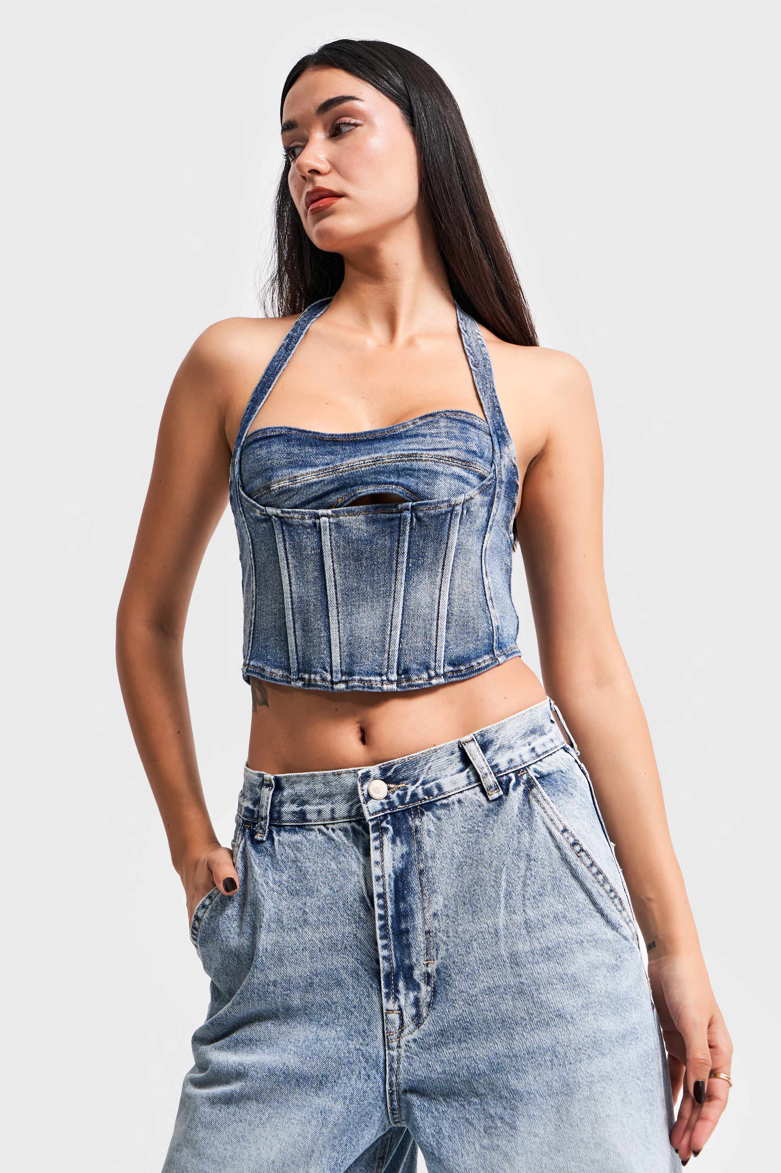 Women's Blue Color Two Piece Multi-Use Flexible Fabric Denim Bustier