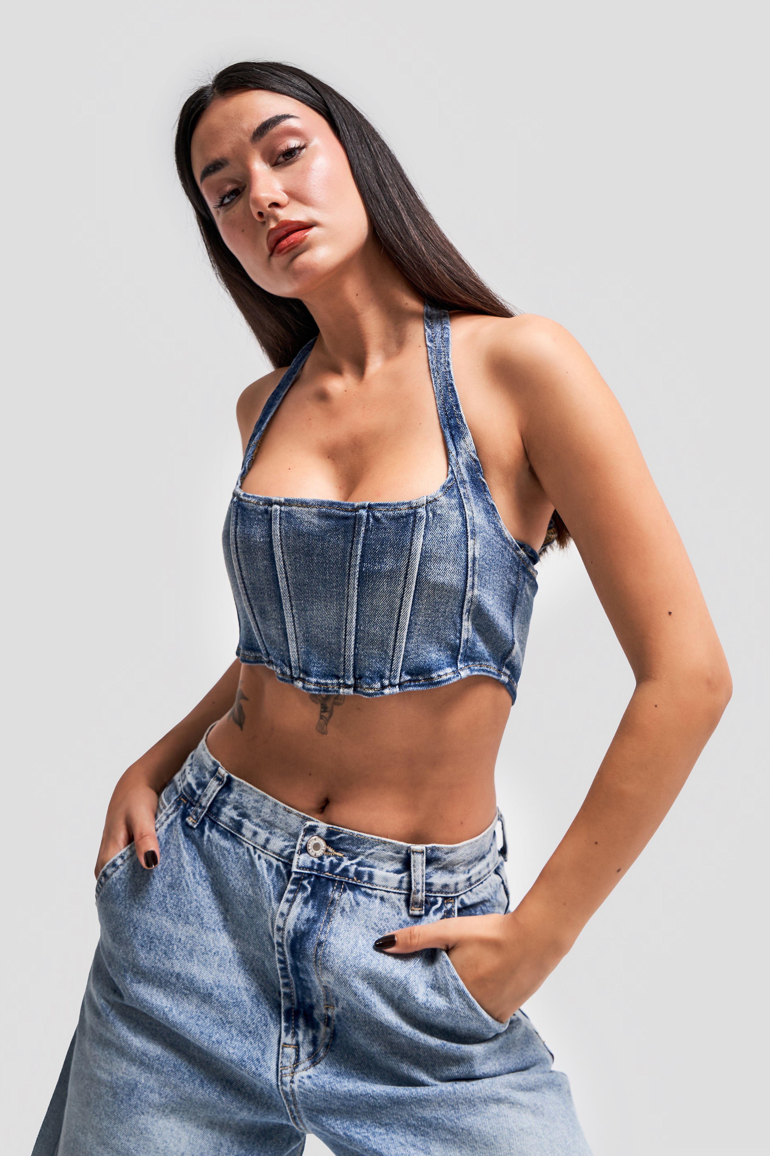 Women's Blue Color Two Piece Multi-Use Flexible Fabric Denim Bustier