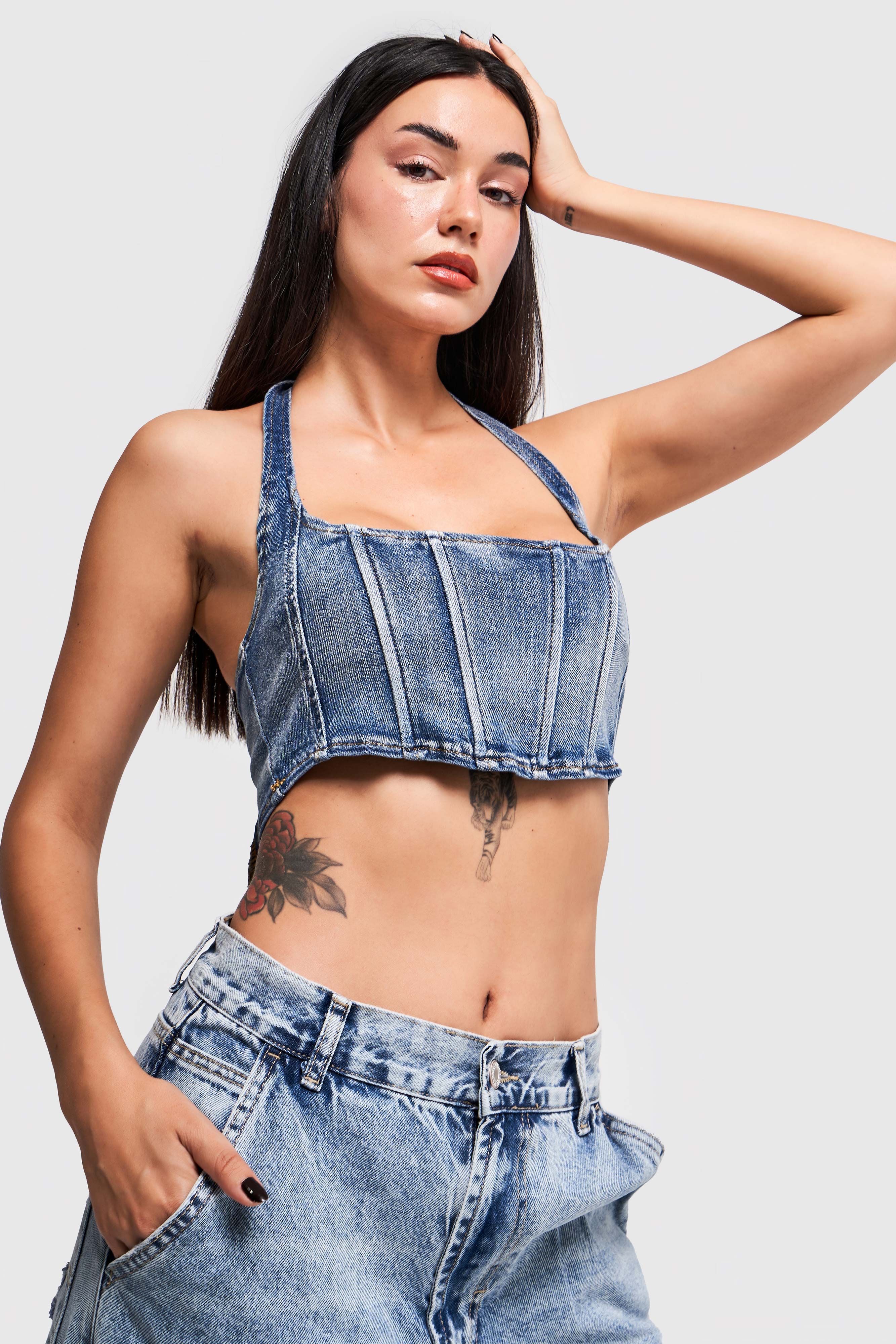 Women's Blue Color Two Piece Multi-Use Flexible Fabric Denim Bustier