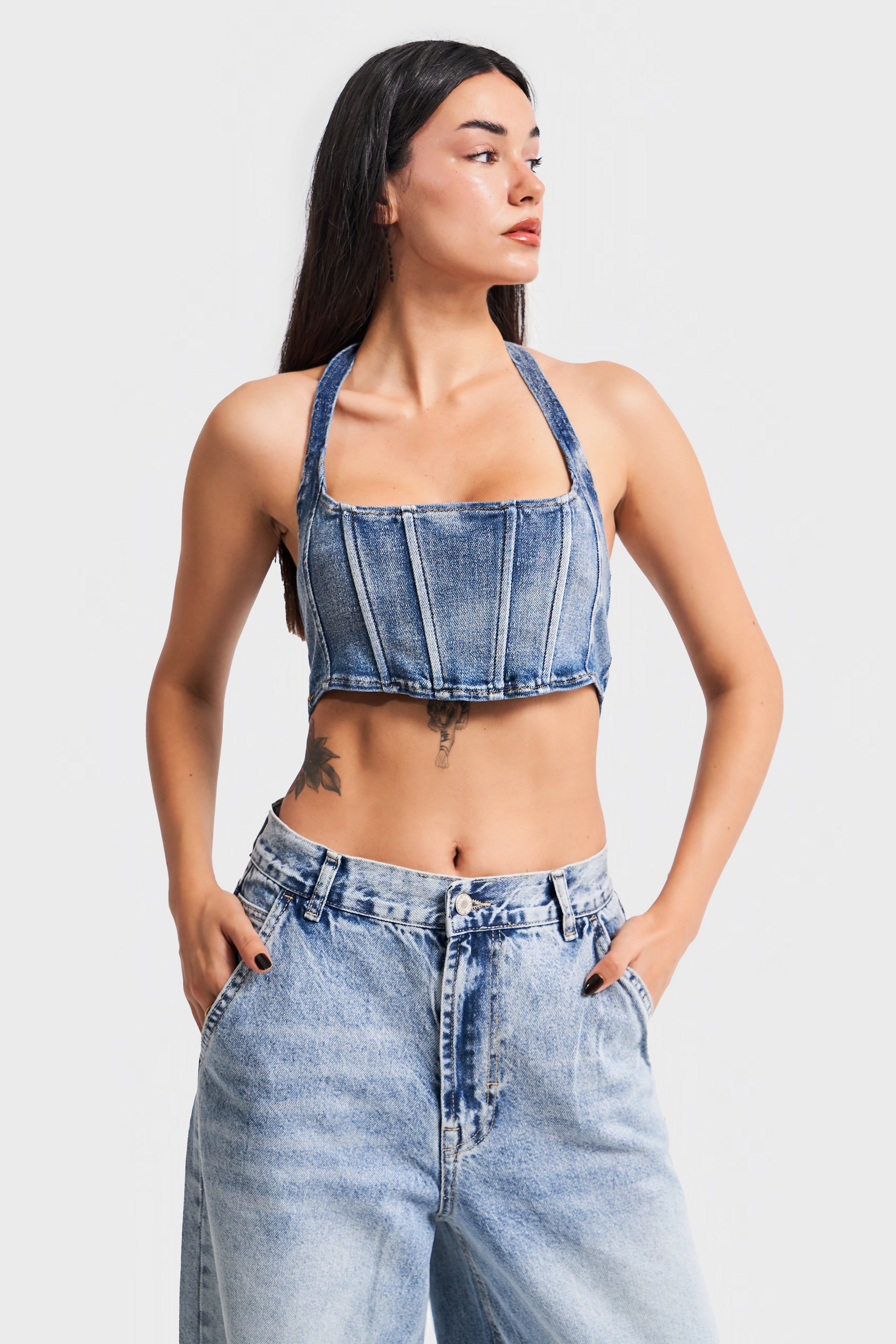 Women's Blue Color Two Piece Multi-Use Flexible Fabric Denim Bustier