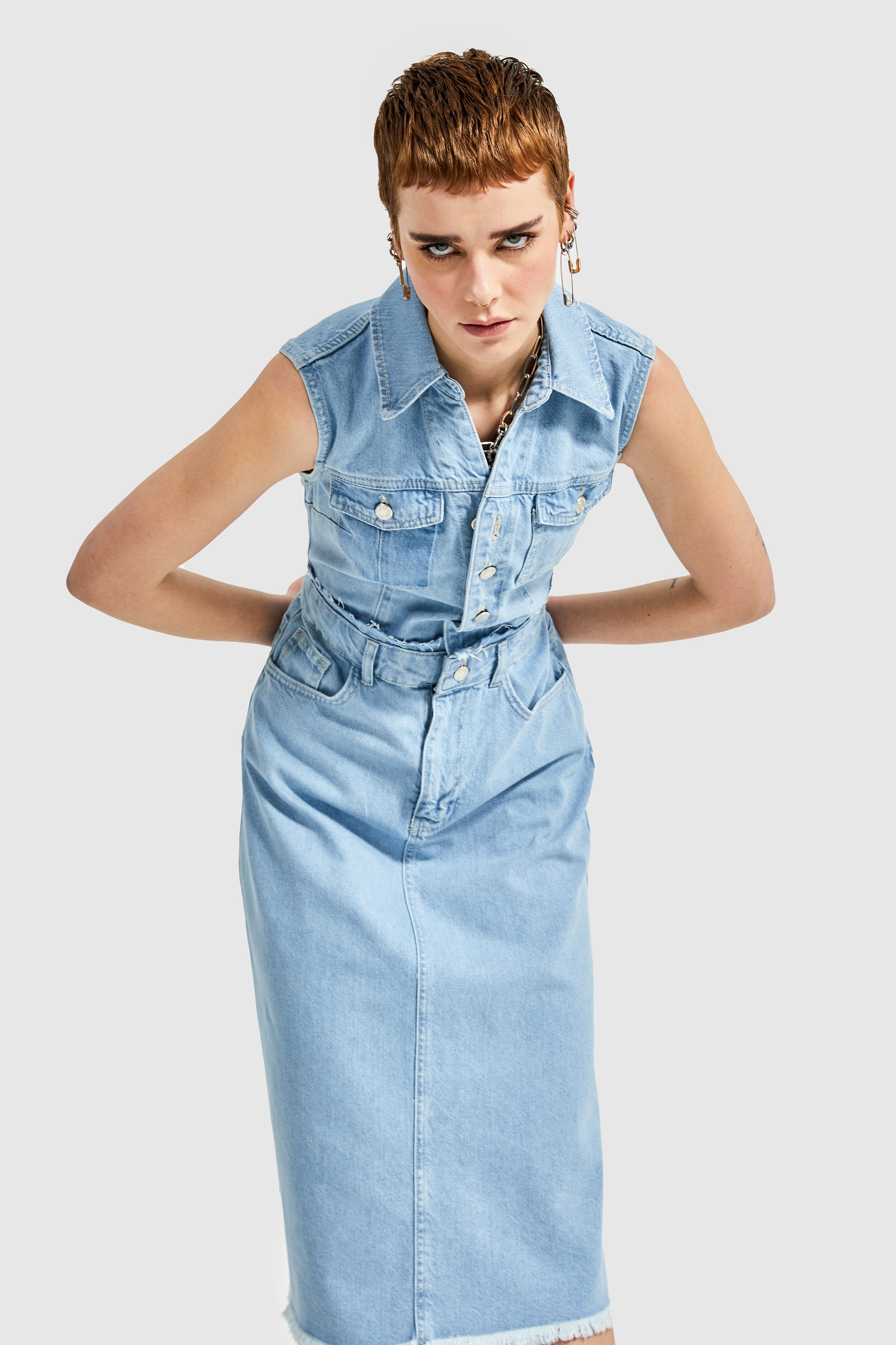 Women's Blue Color Midi Length 100% Cotton Front Button Denim Dress