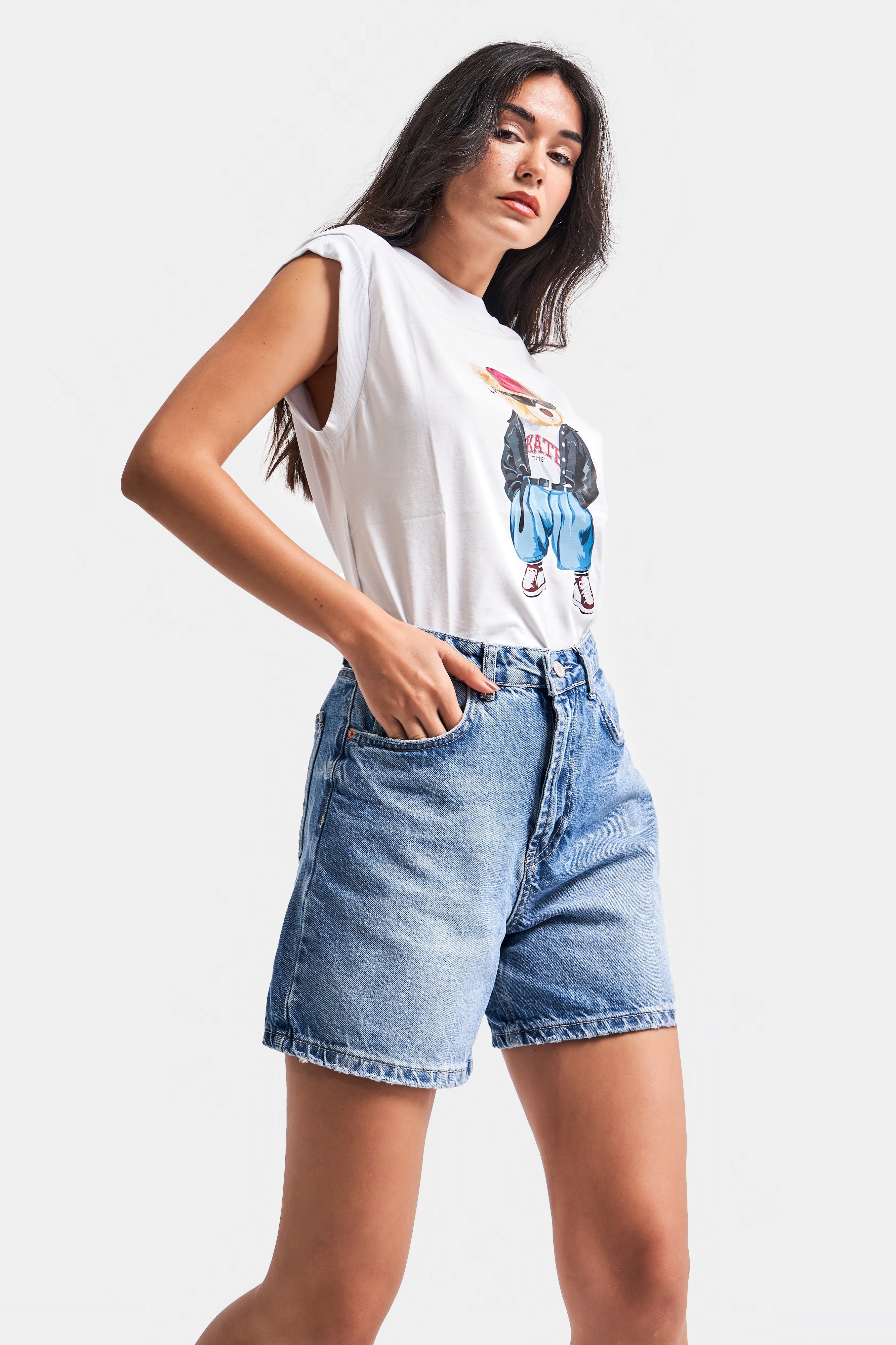 Women's Blue Color Mom Fit Midi Length Denim Shorts