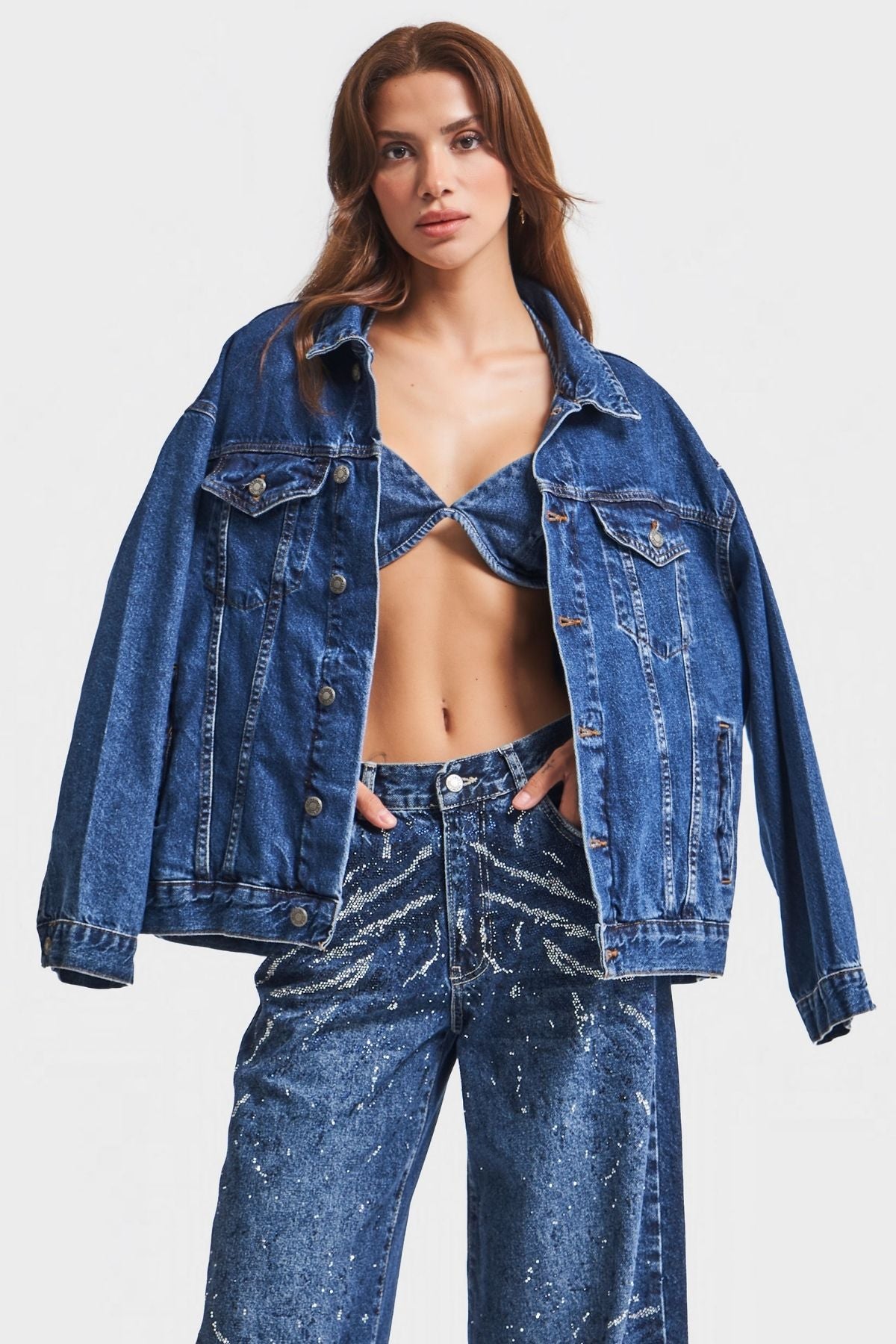 Kadın Mavi Renk Oversize %100 Koton Denim Ceket