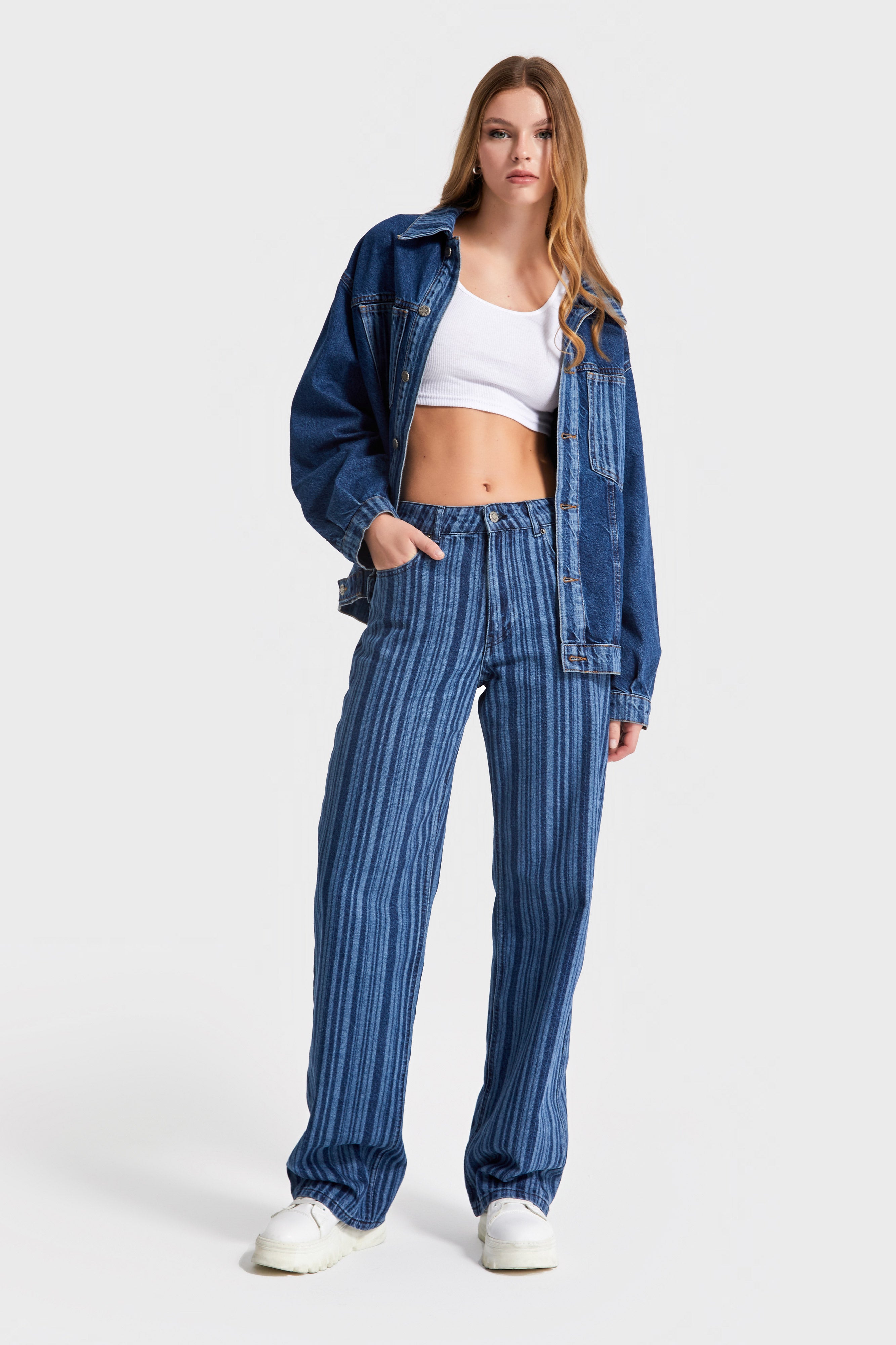 Women Blue Color Special Striped Fabric Loose Fit Design Denim