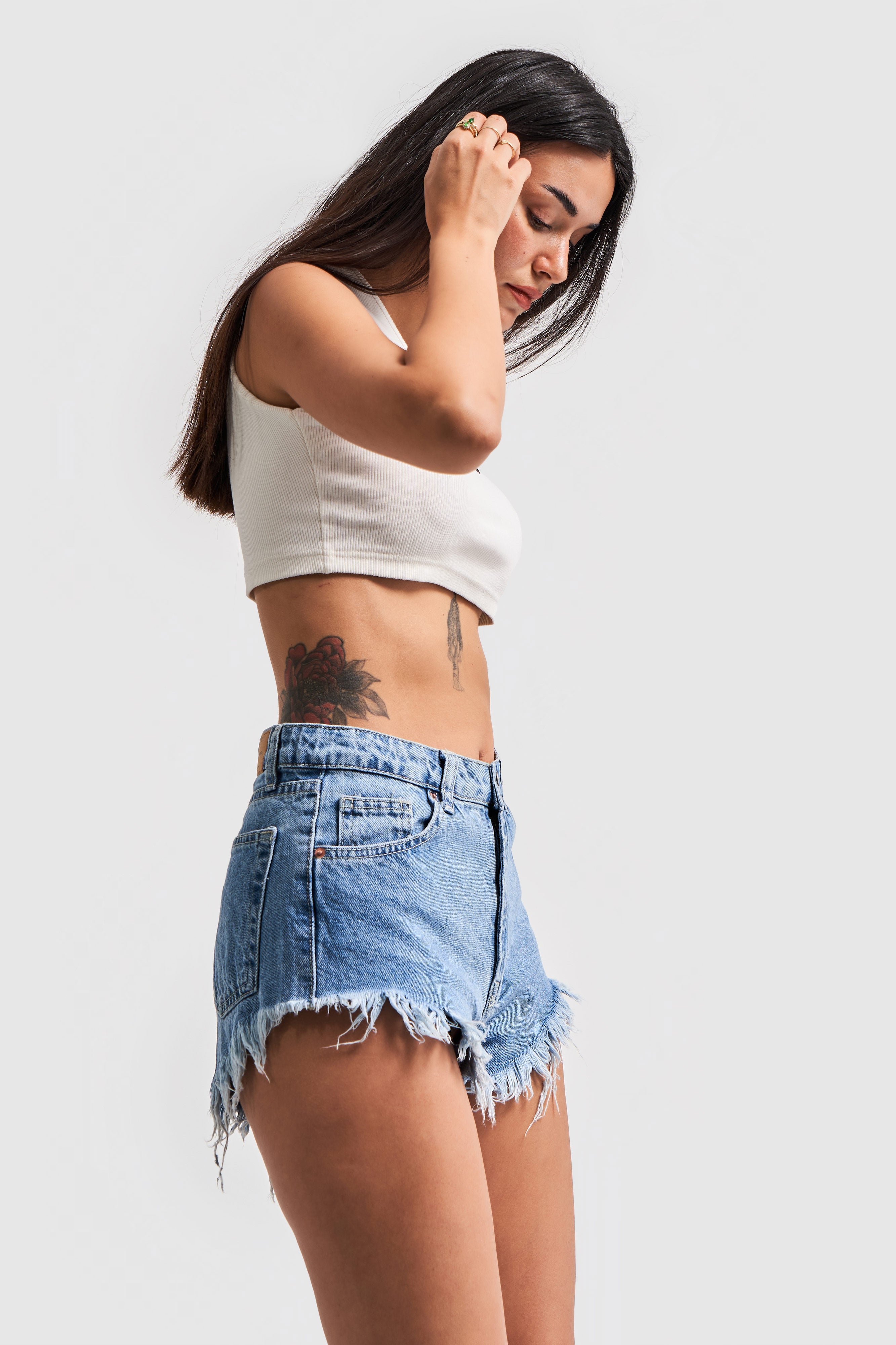 Women's Blue Color Tasseled Mini Denim Shorts