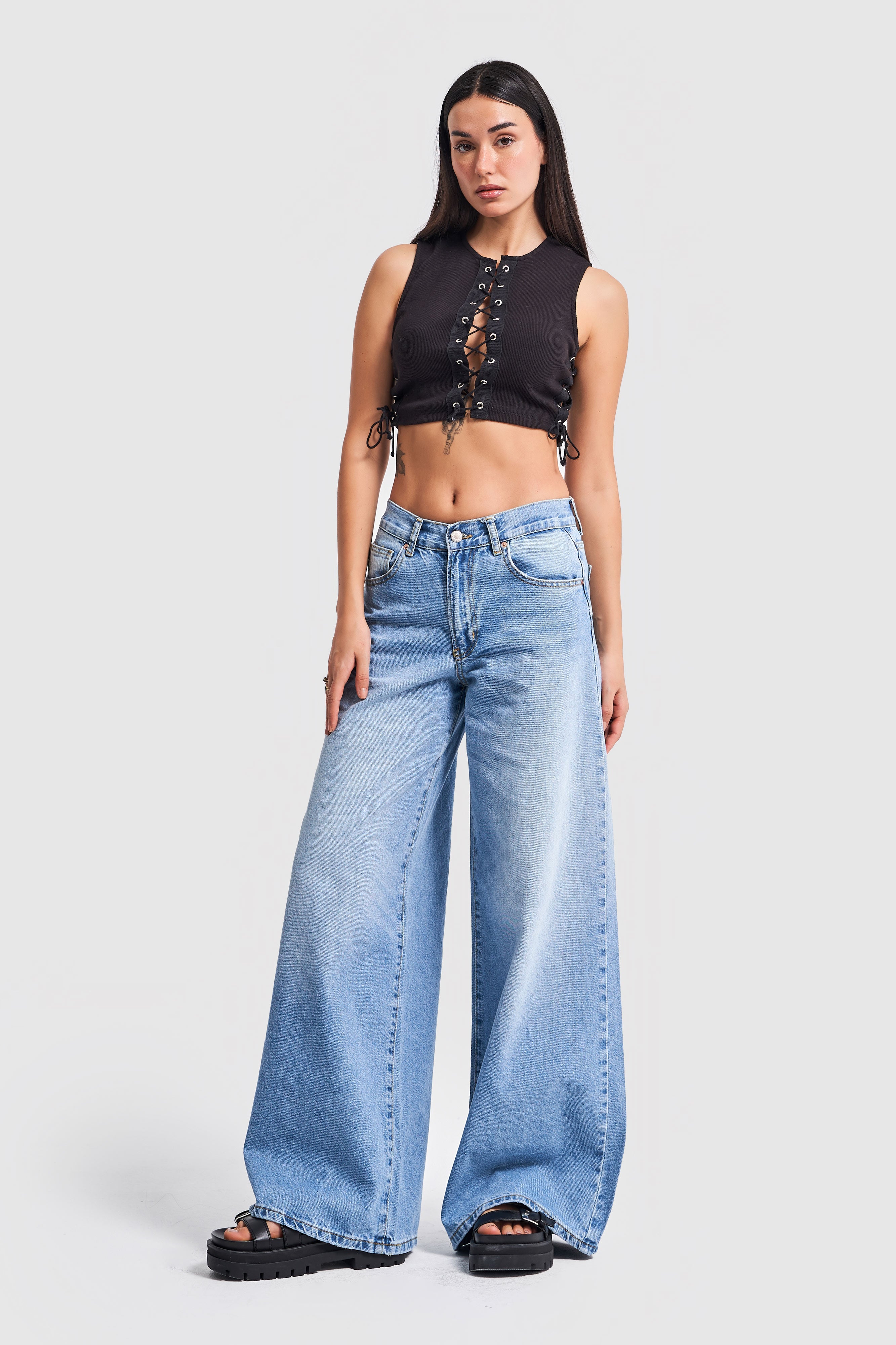 Women's Blue Color Palazzo Fit Denim Trousers