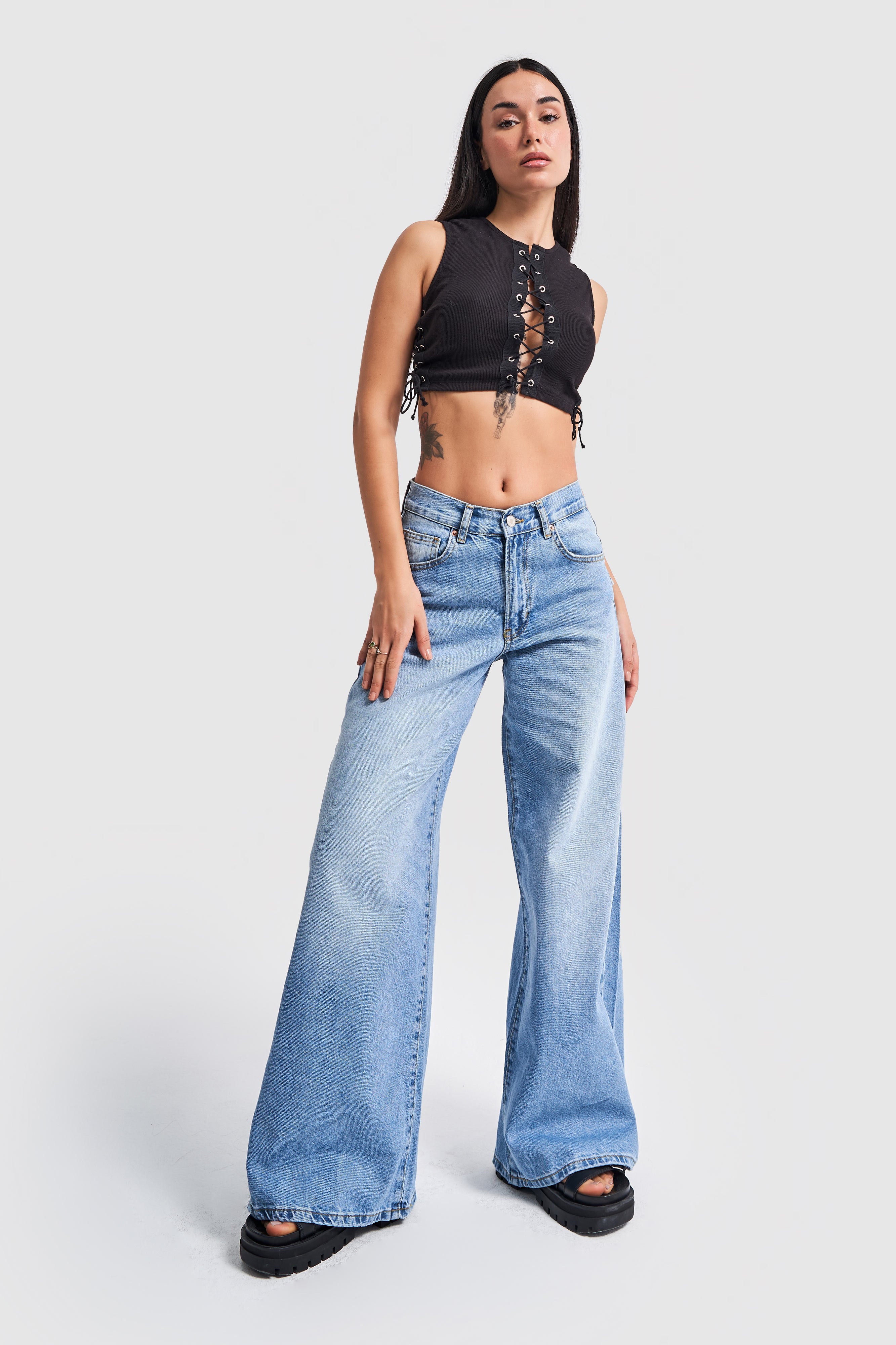 Women's Blue Color Palazzo Fit Denim Trousers