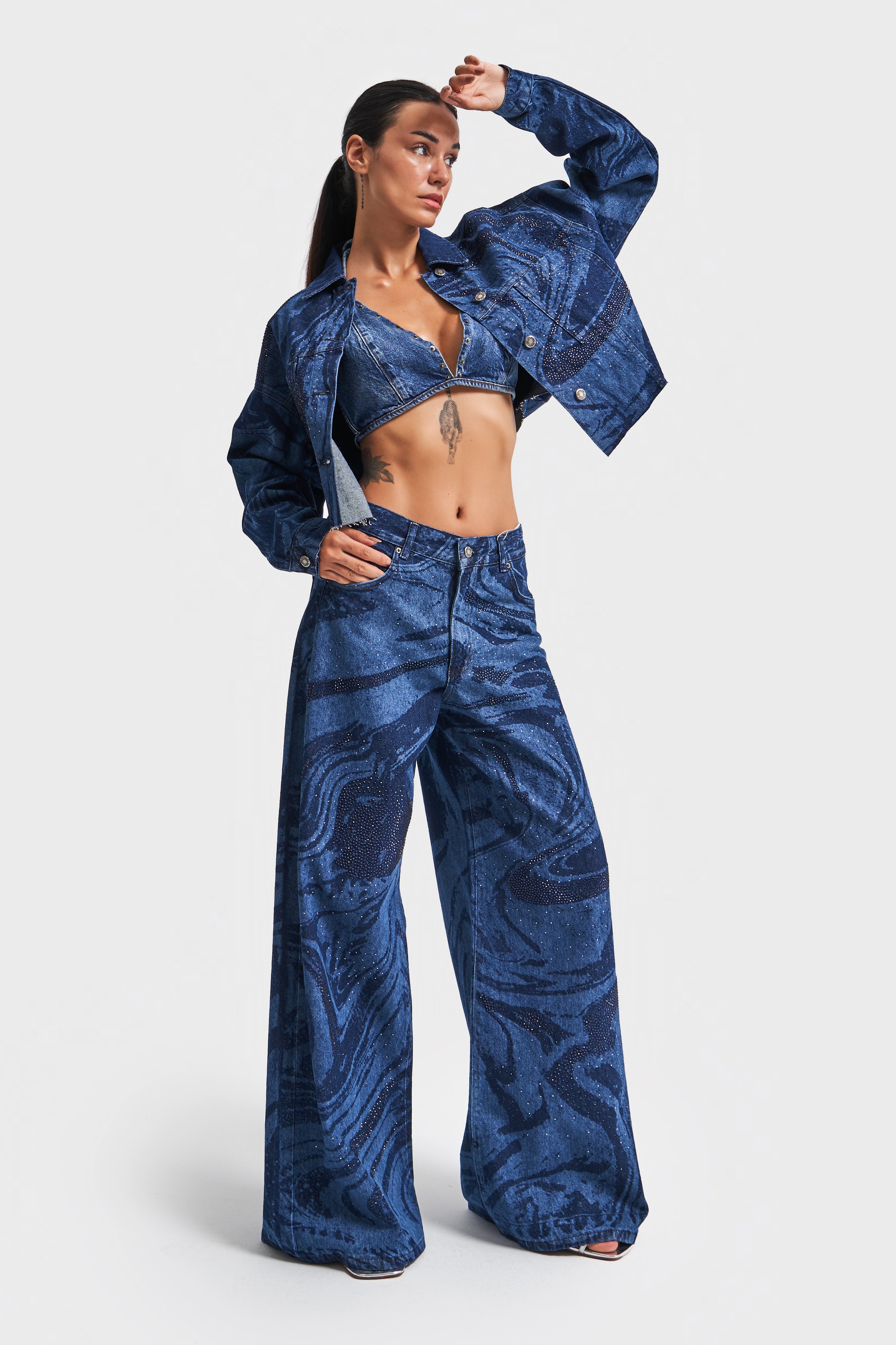 Women's Blue Color Shiny Stone Detailed Palazzo Fit Loose Cut Denim