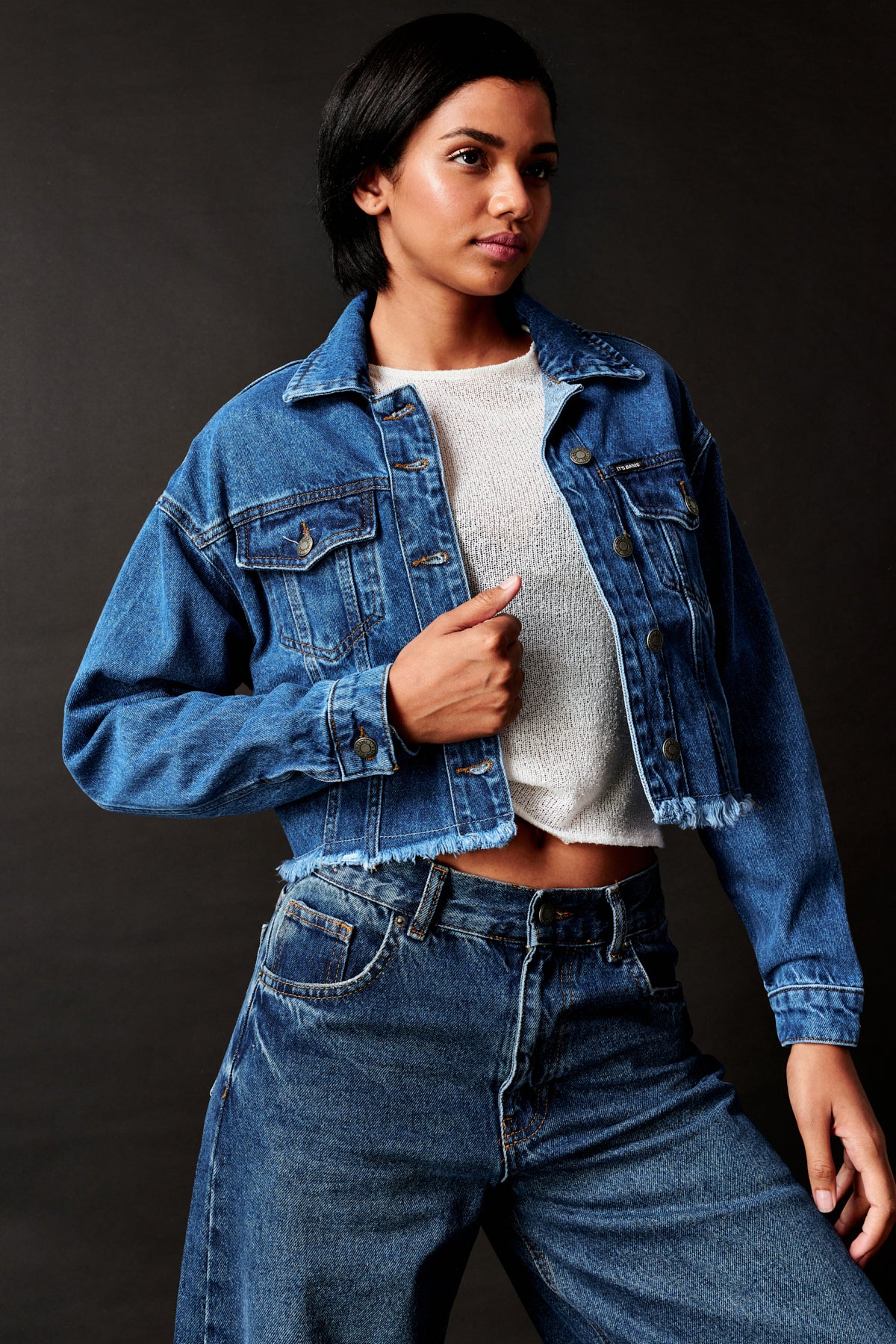 Women's Blue Color Relax Crop Fit Double Pocket Tassel Jean Jacket