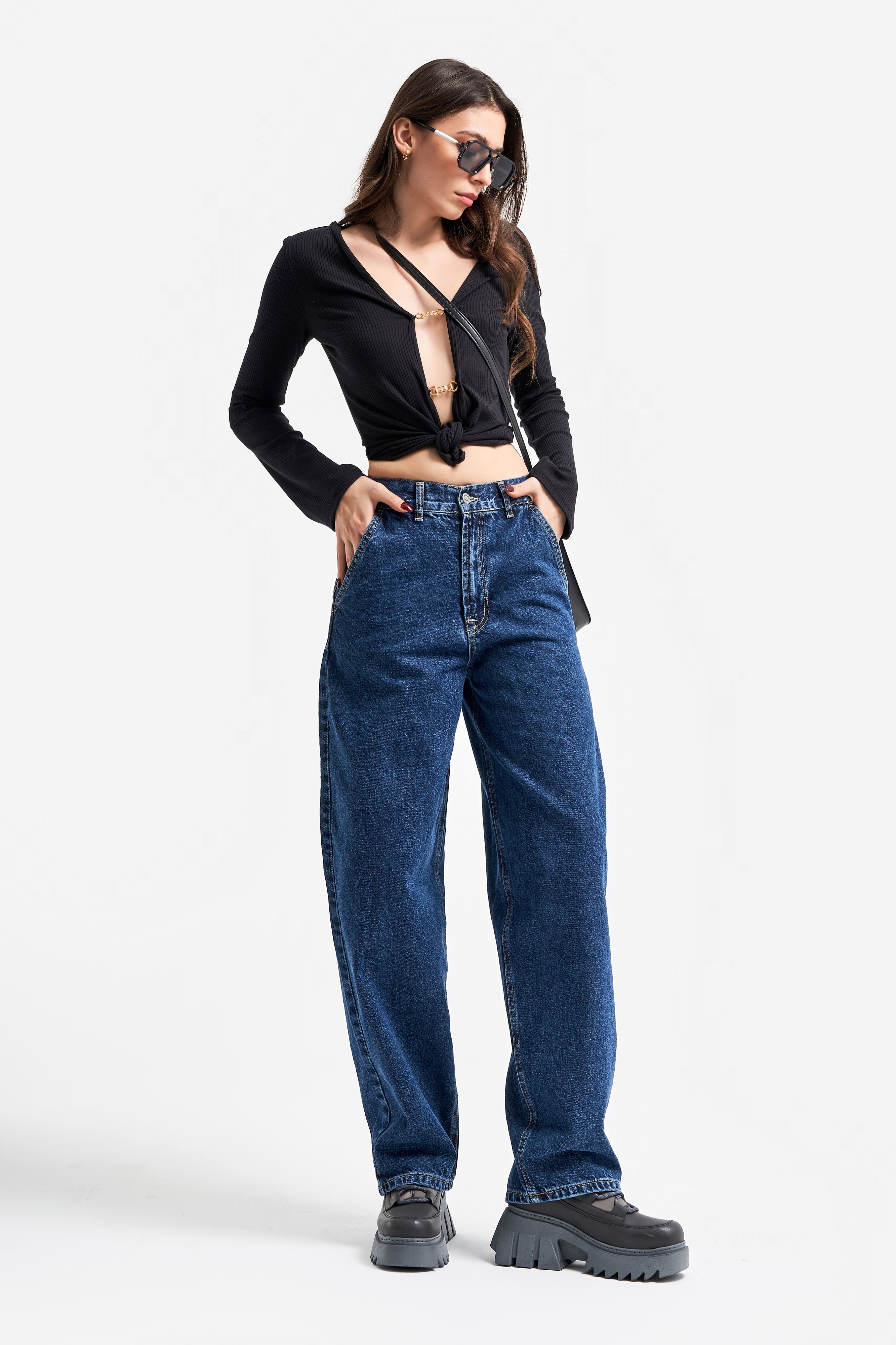 Women's Blue Color Skater Fit Loose Cut Denim Trousers