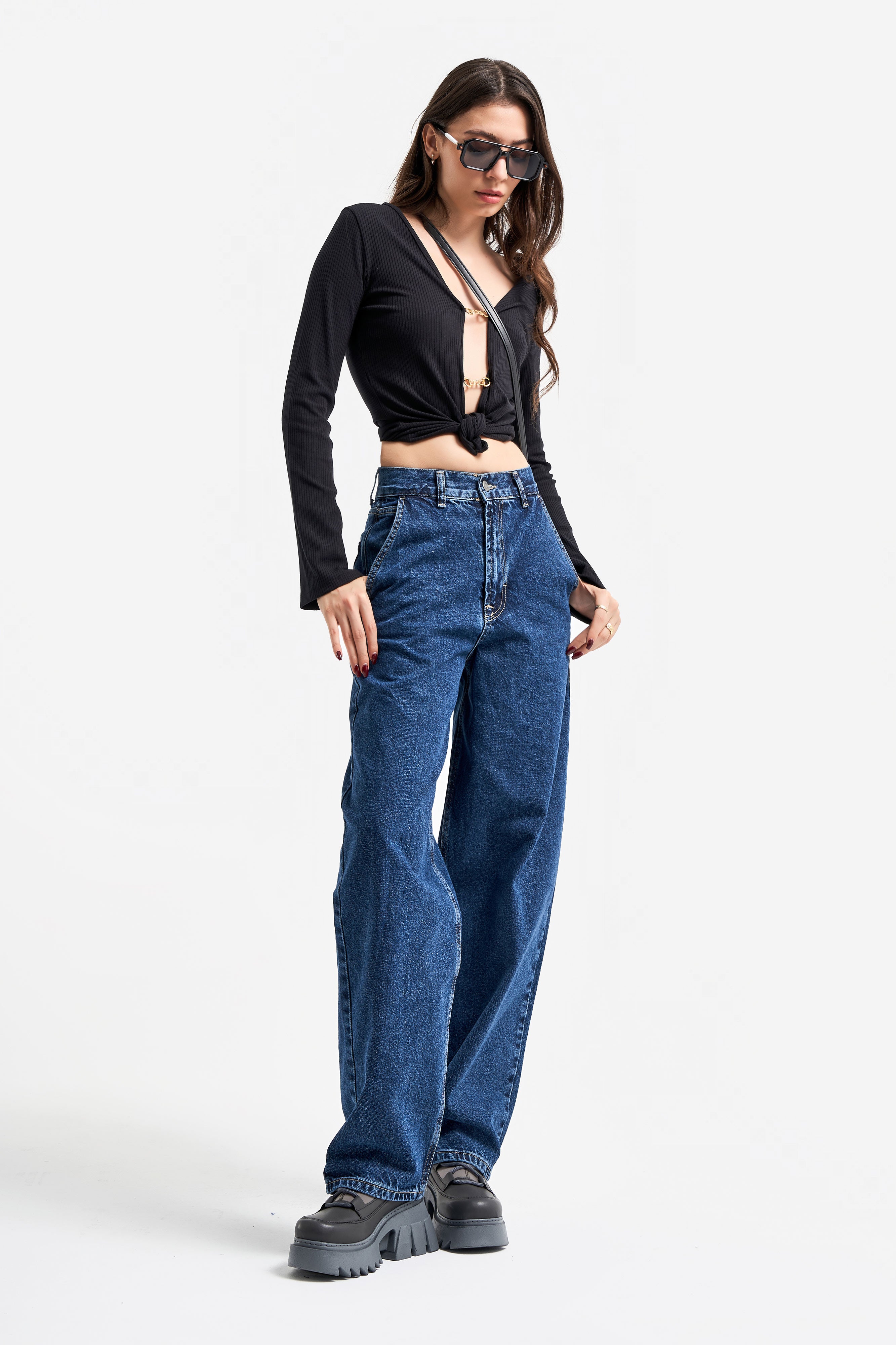 Women's Blue Color Skater Fit Loose Cut Denim Trousers