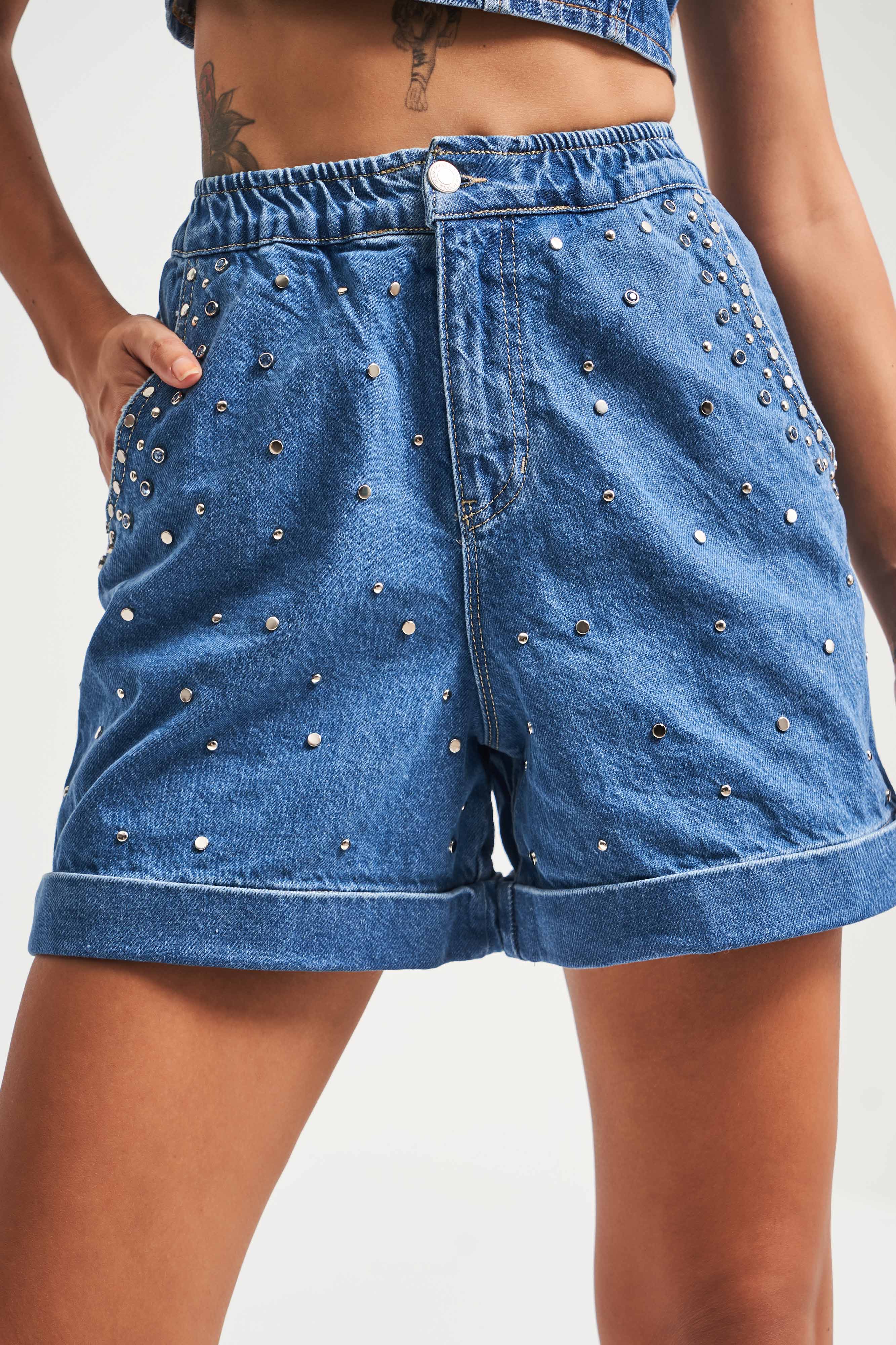 Women's Blue Color Stone Detailed Design Denim Shorts