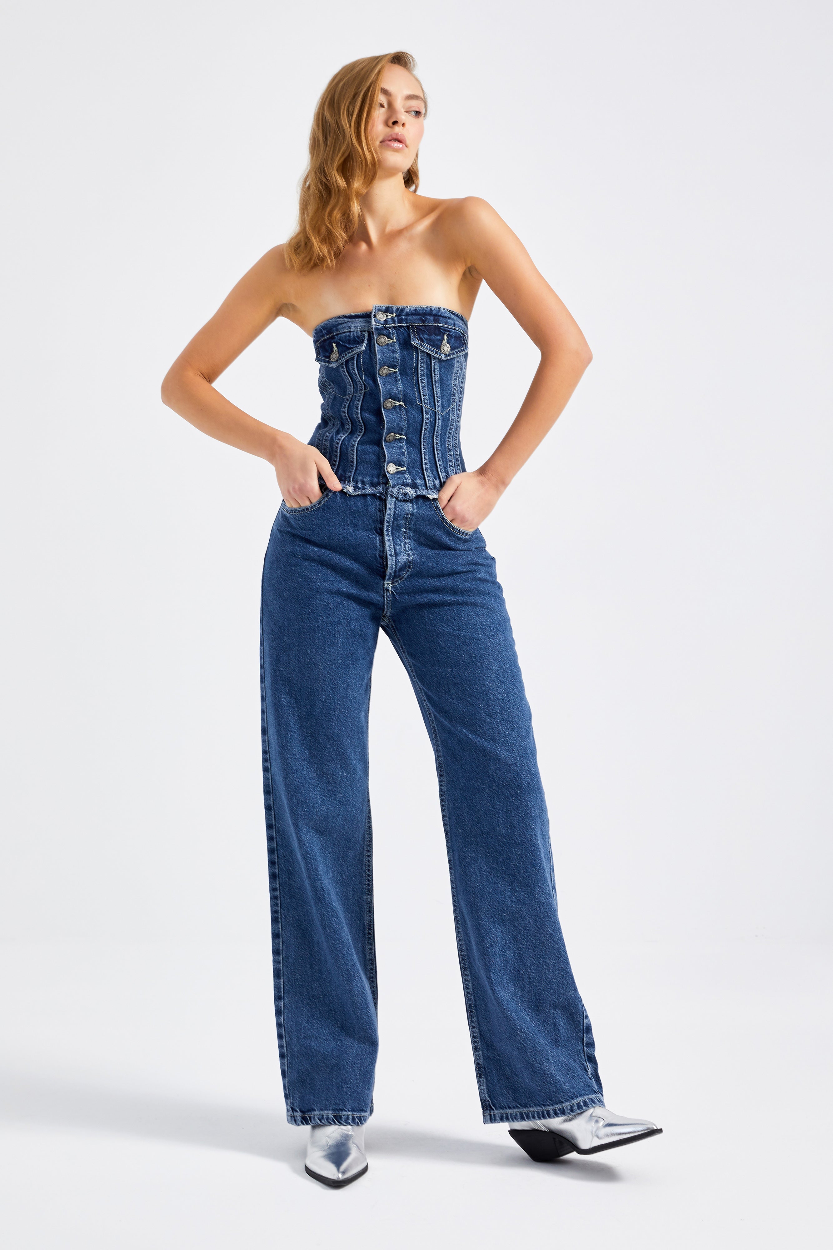 Women's Blue Color Wide Leg Fit Front Buttoned Strapless Denim Jumpsuit