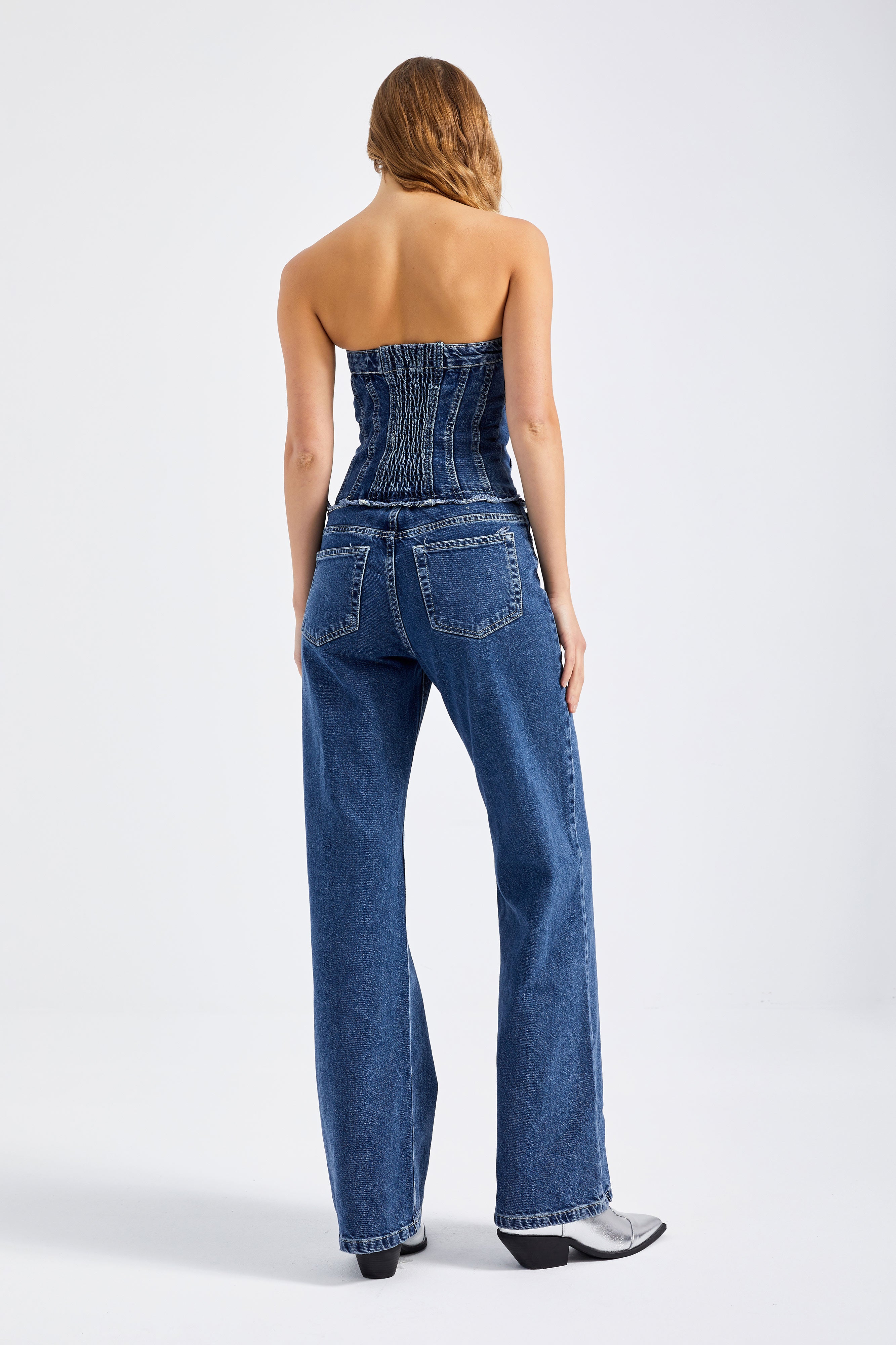 Women's Blue Color Wide Leg Fit Front Buttoned Strapless Denim Jumpsuit