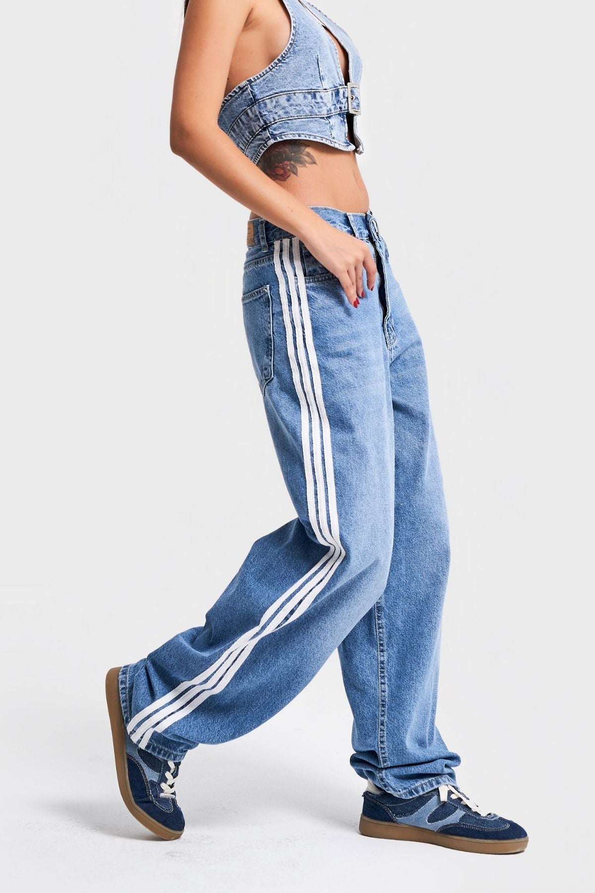 Women's Blue Color Side Stripe Detail Skater Fit Design Denim