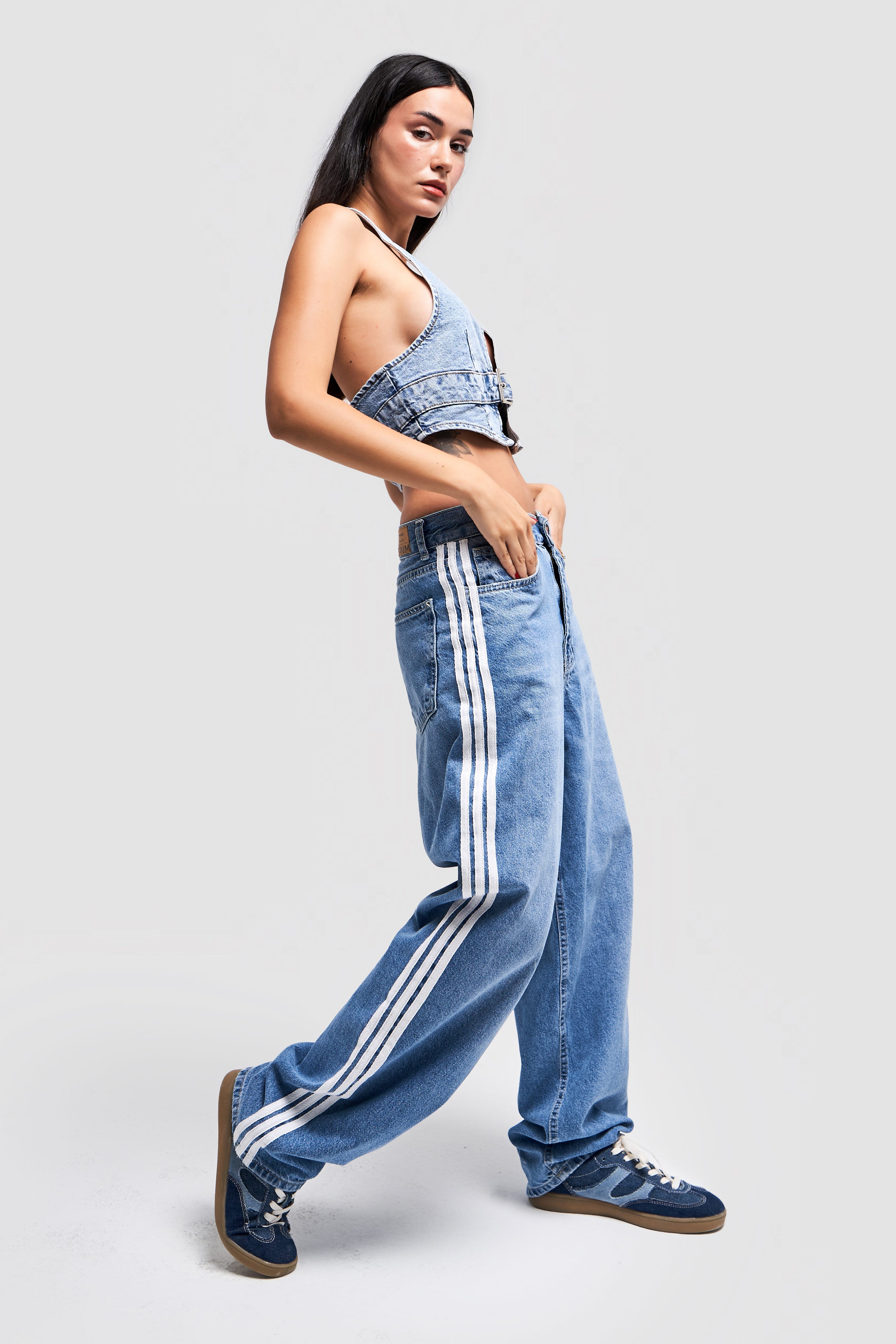 Women's Blue Color Side Stripe Detail Skater Fit Design Denim