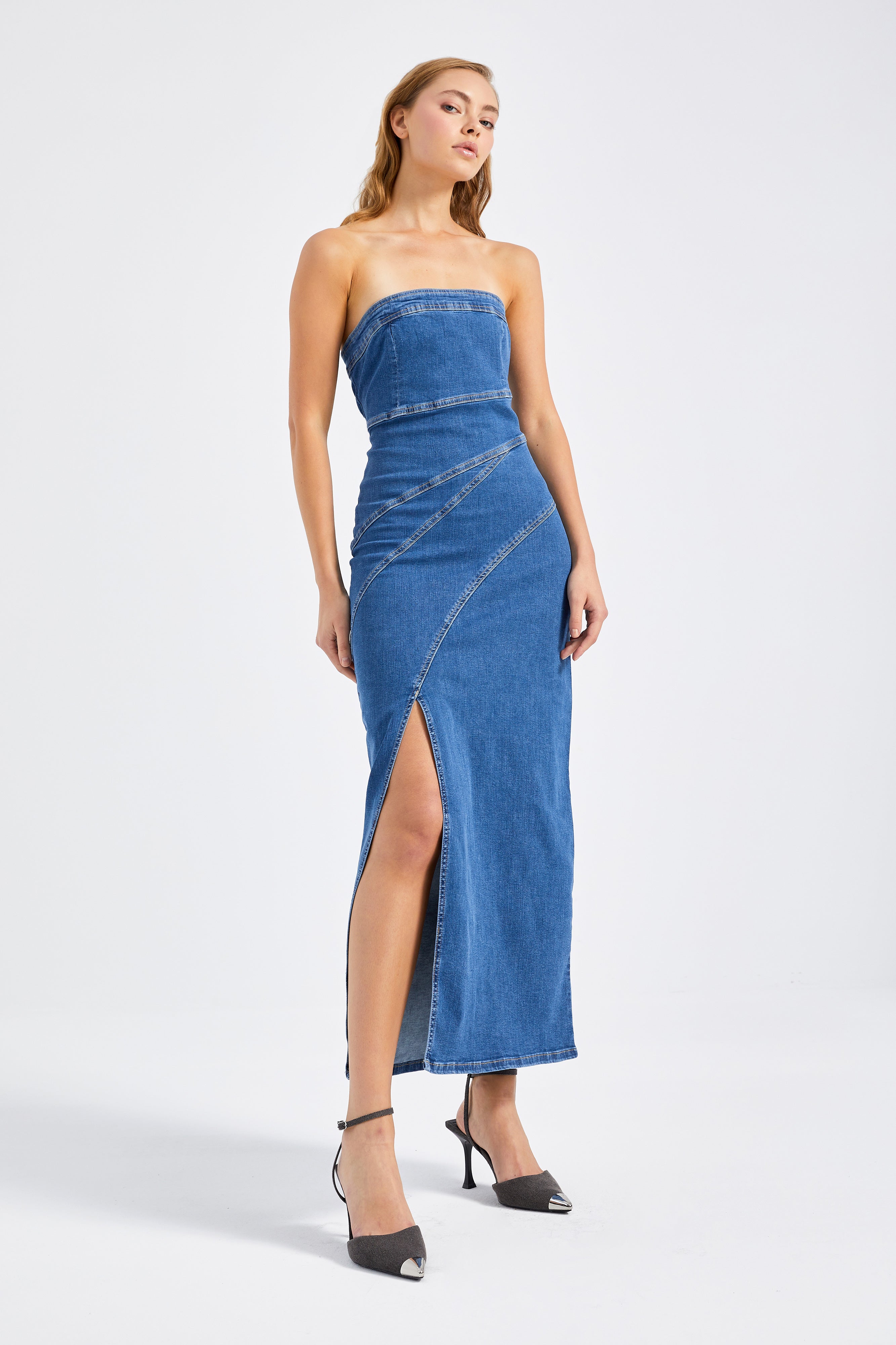 Women's Blue Color Side Slit Stitch Detailed Strapless Dress