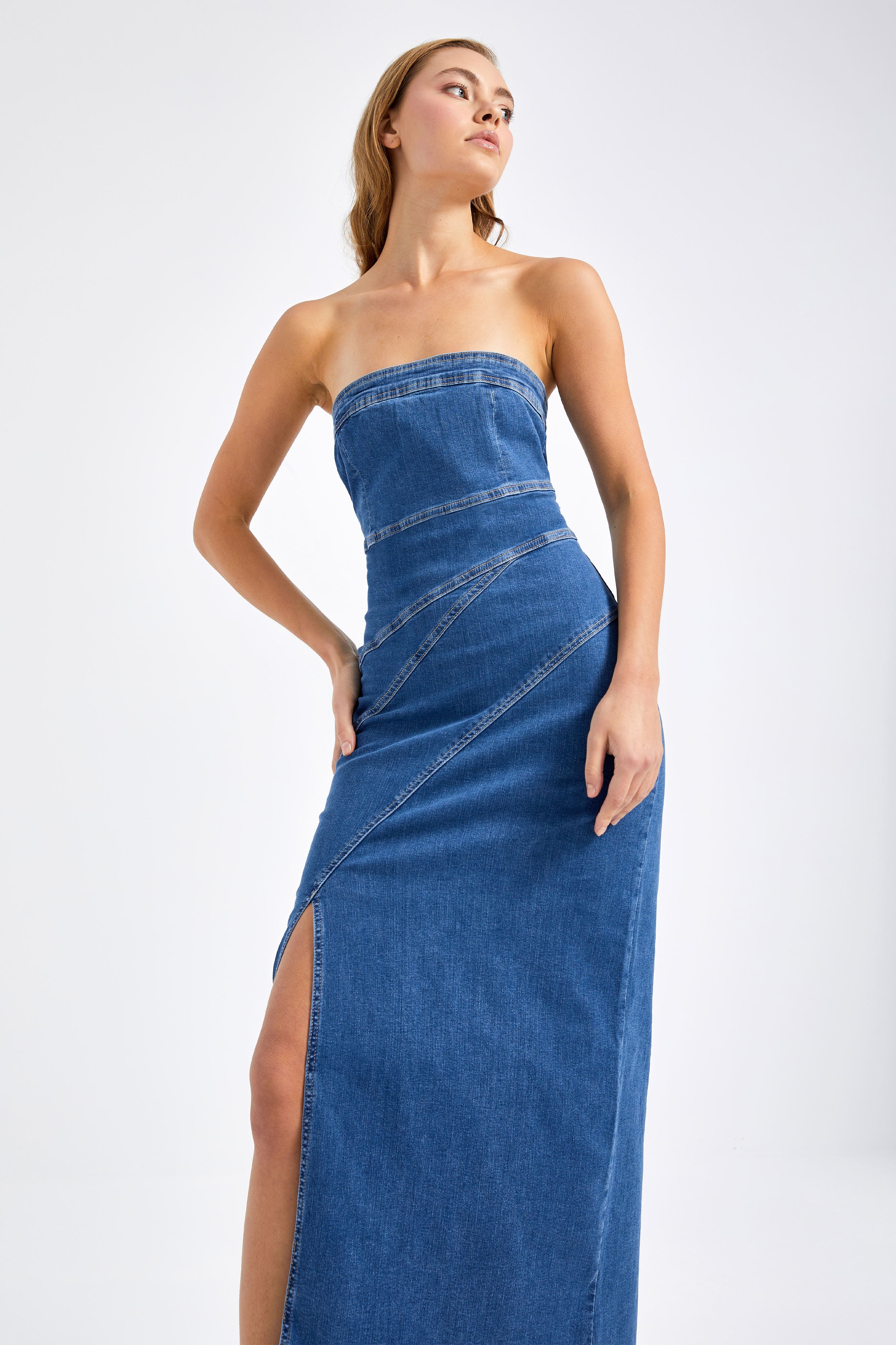 Women's Blue Color Side Slit Stitch Detailed Strapless Dress