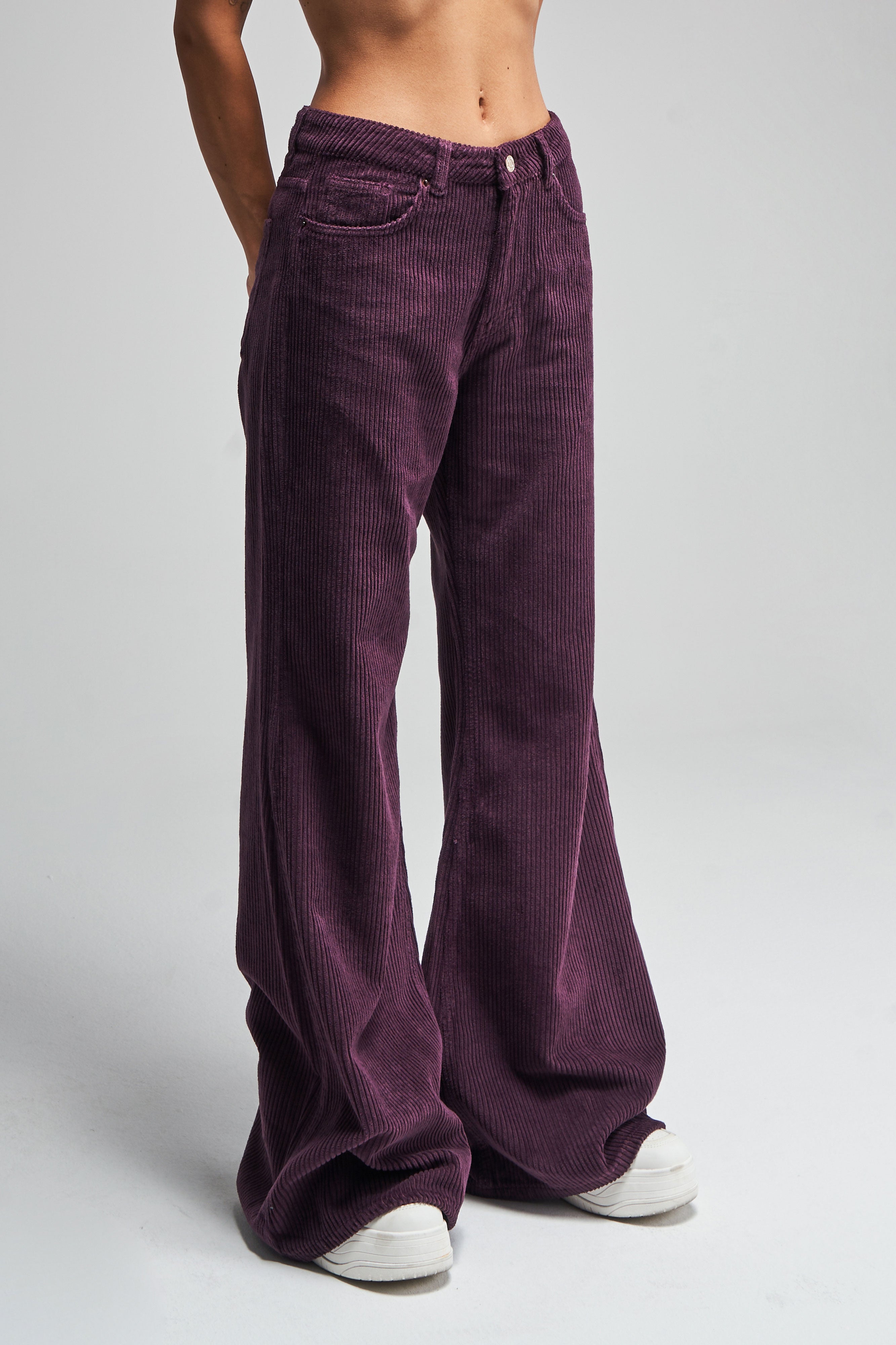 Women's Purple Color 29w452 Loose Flare Fit Thick Corduroy Trousers