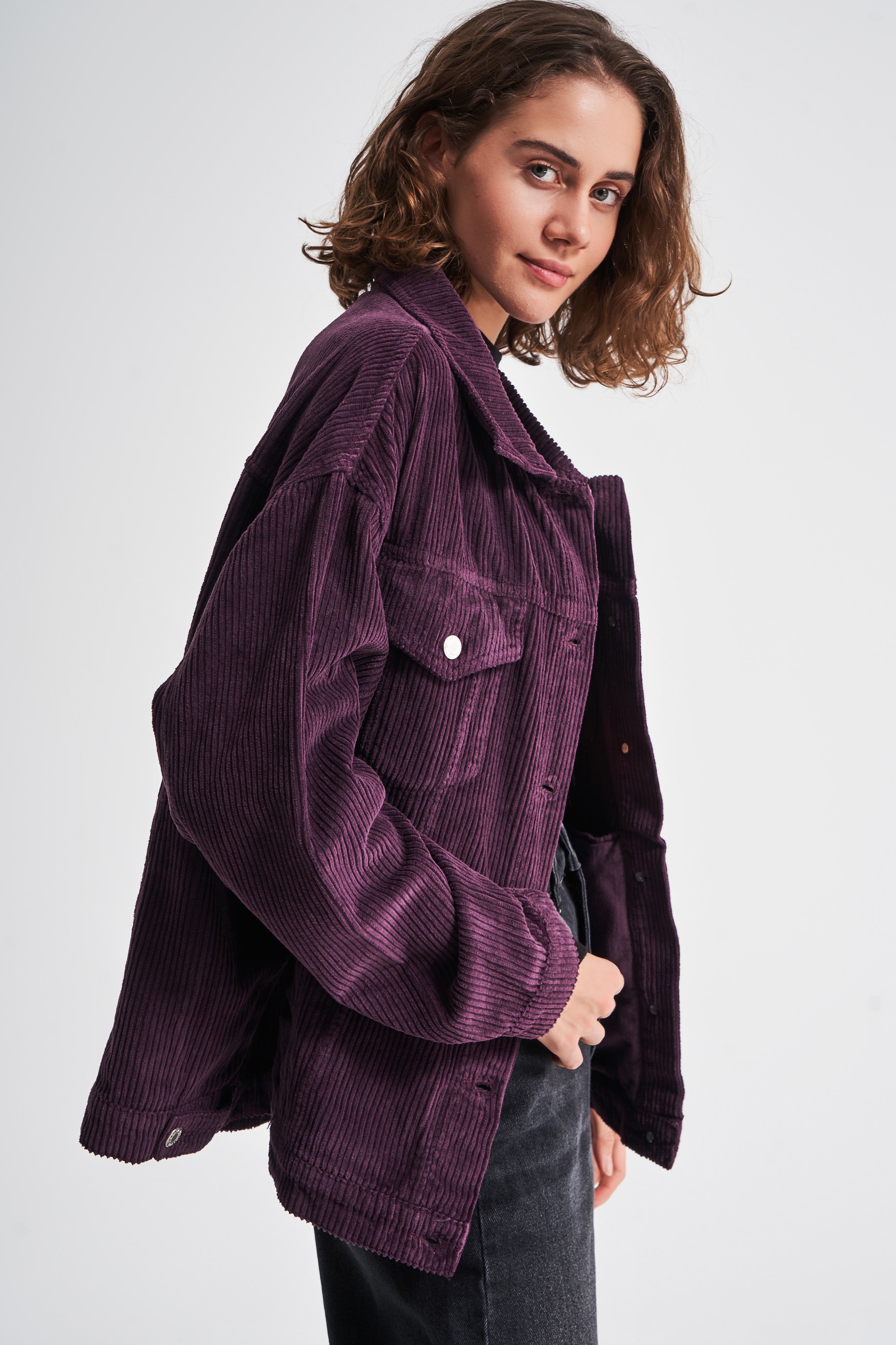 Women's Purple Color Thick Corduroy Fabric Oversize Jacket