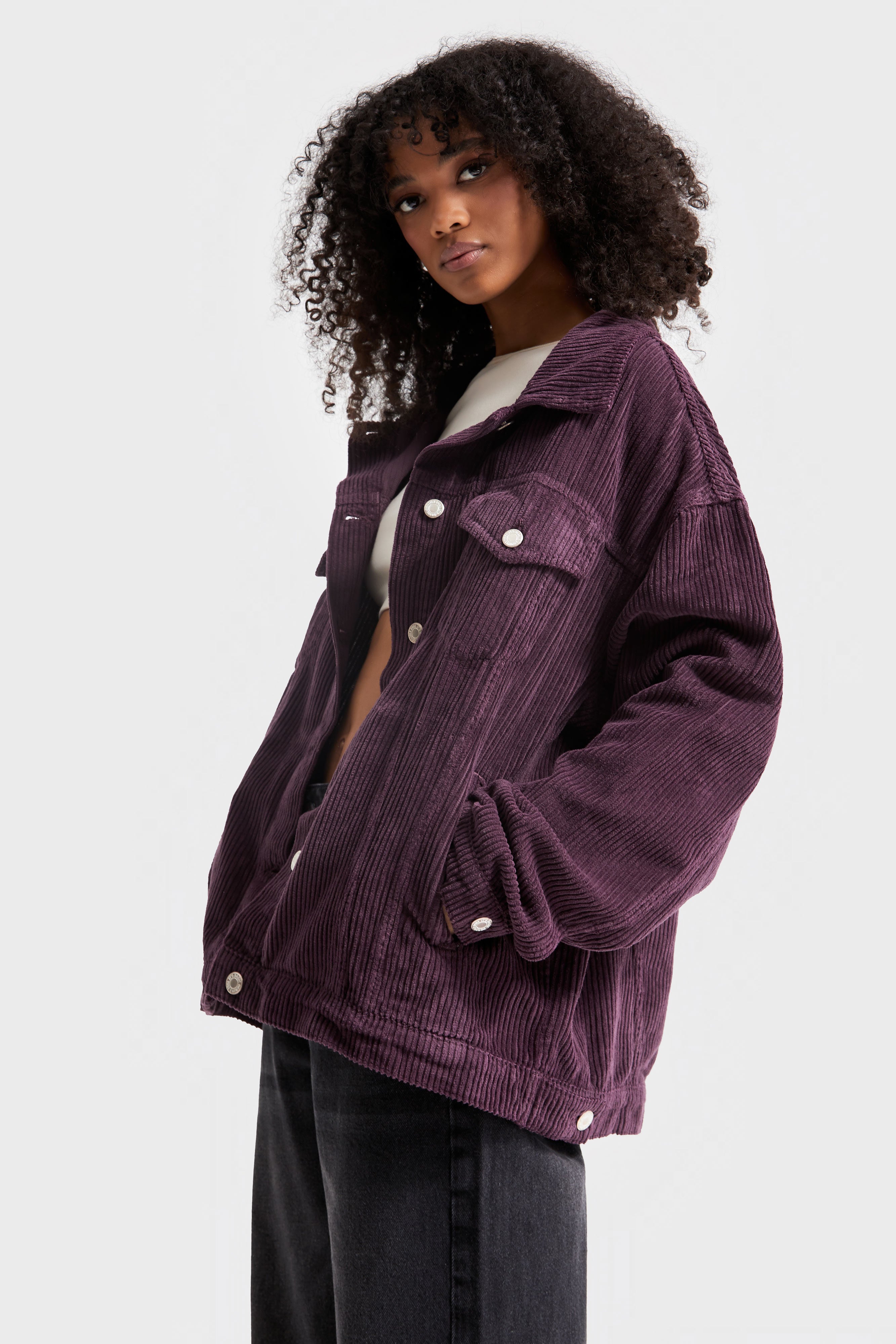 Women's Purple Color Thick Corduroy Fabric Oversize Jacket