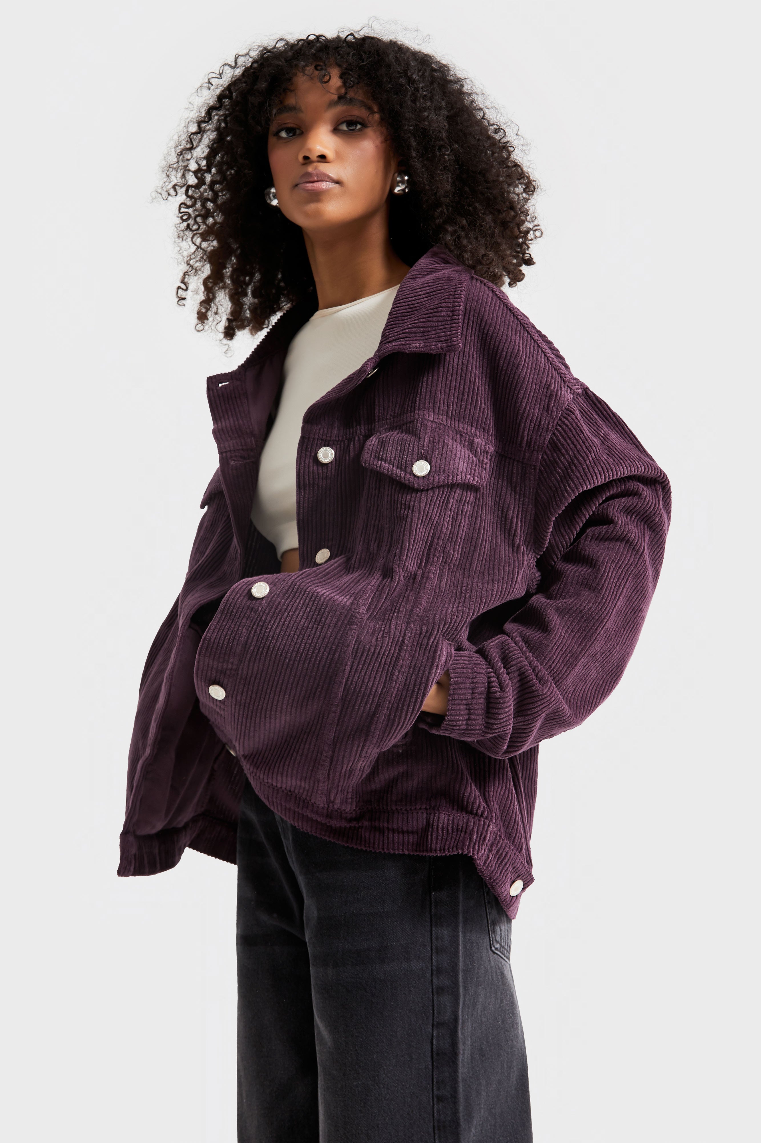 Women's Purple Color Thick Corduroy Fabric Oversize Jacket