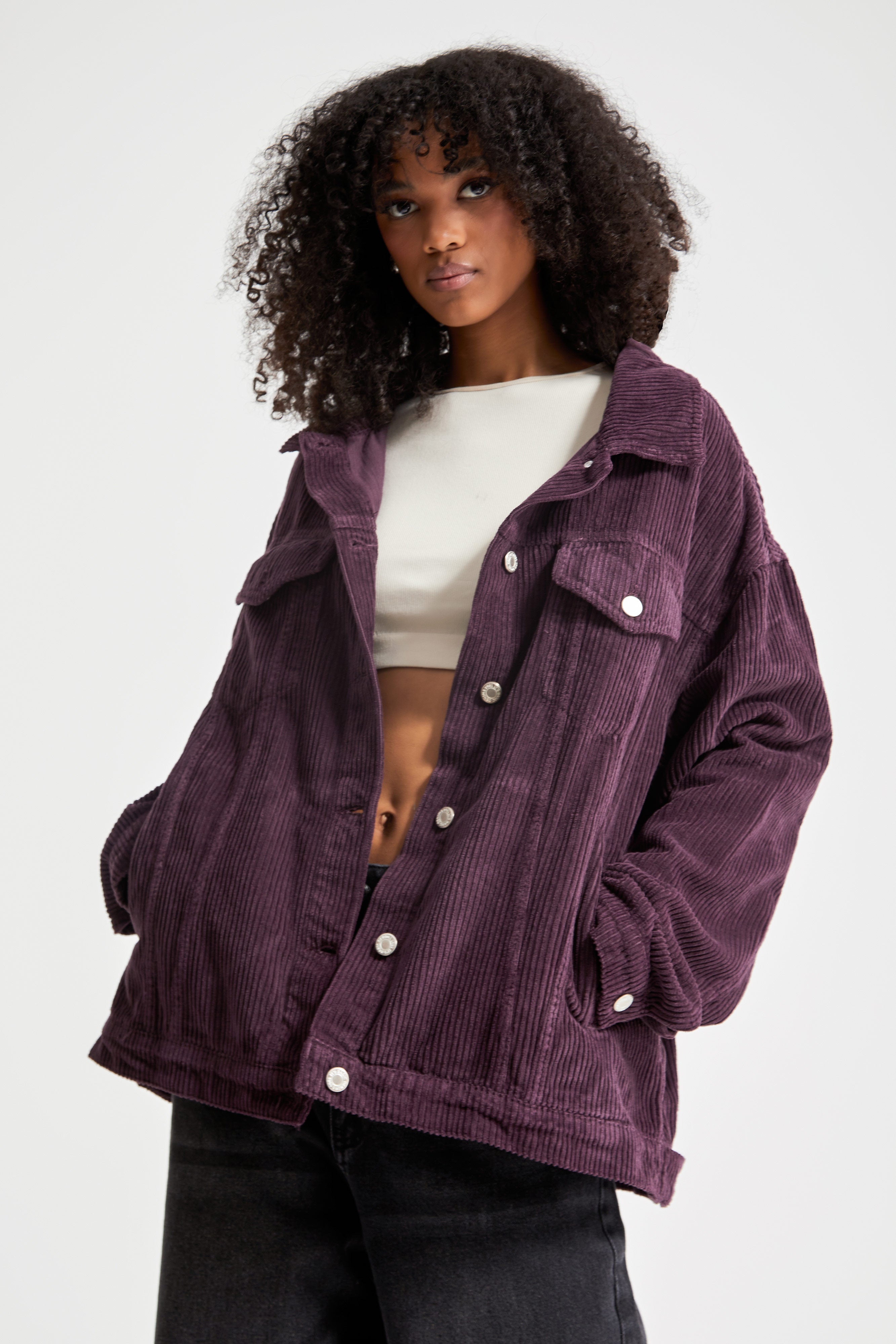 Women's Purple Color Thick Corduroy Fabric Oversize Jacket