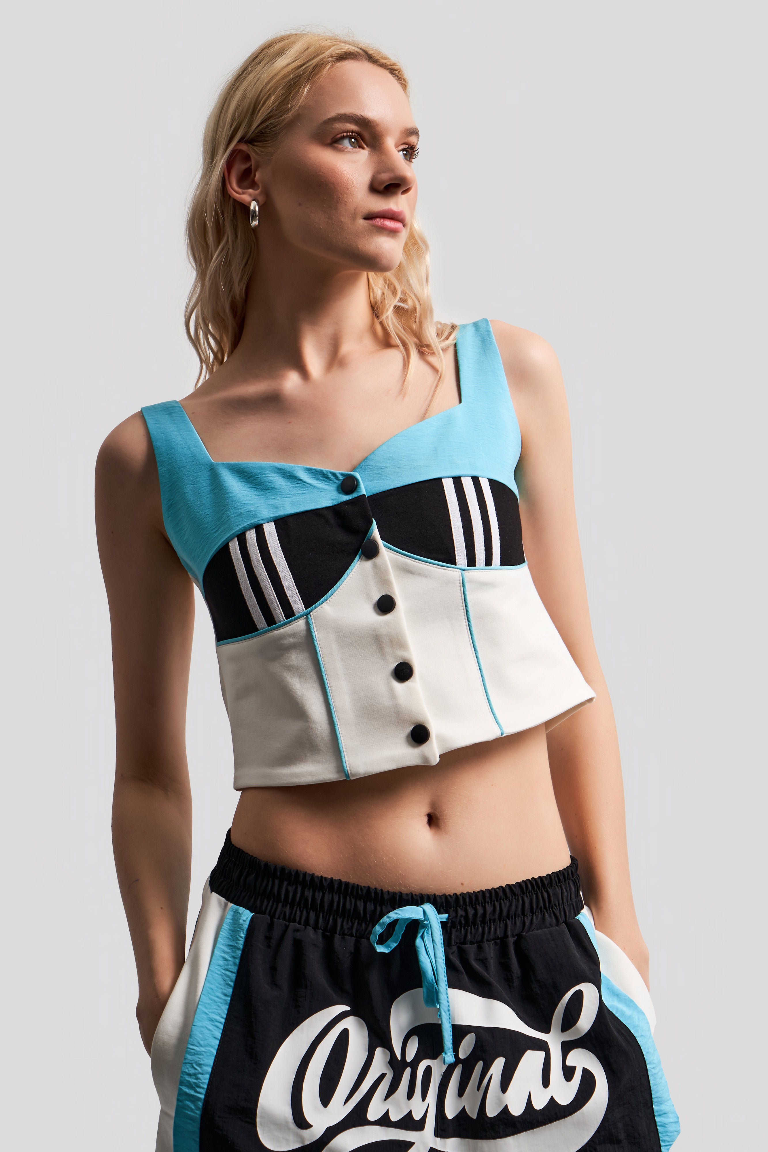 Women's Multi-Color Stripe Detailed Front Button Design Crop Top