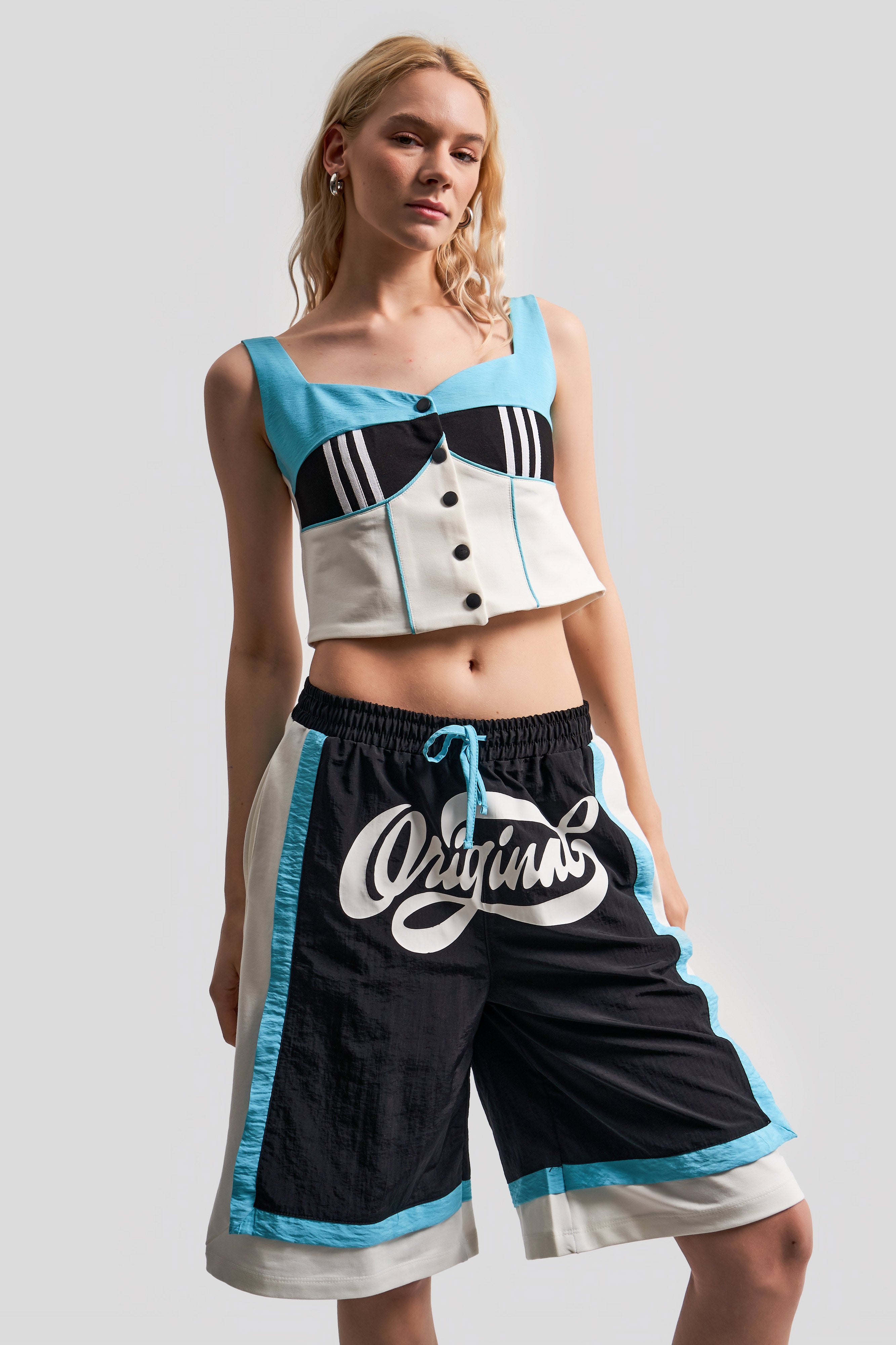 Women's Multi-Color Stripe Detailed Front Button Design Crop Top