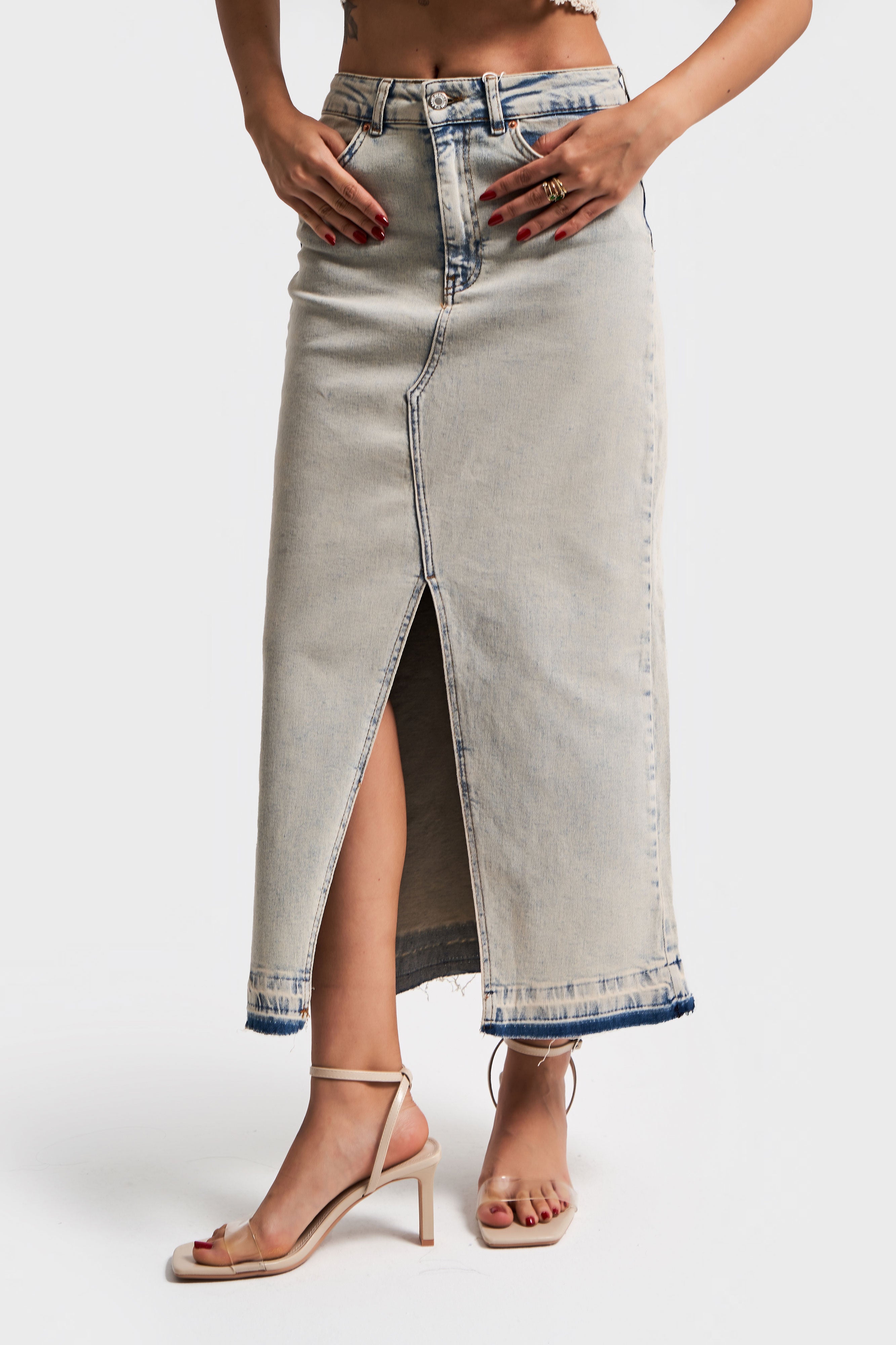 Women's Natural Denim Color Flexible Lycra Fabric Maxi Length Denim Skirt