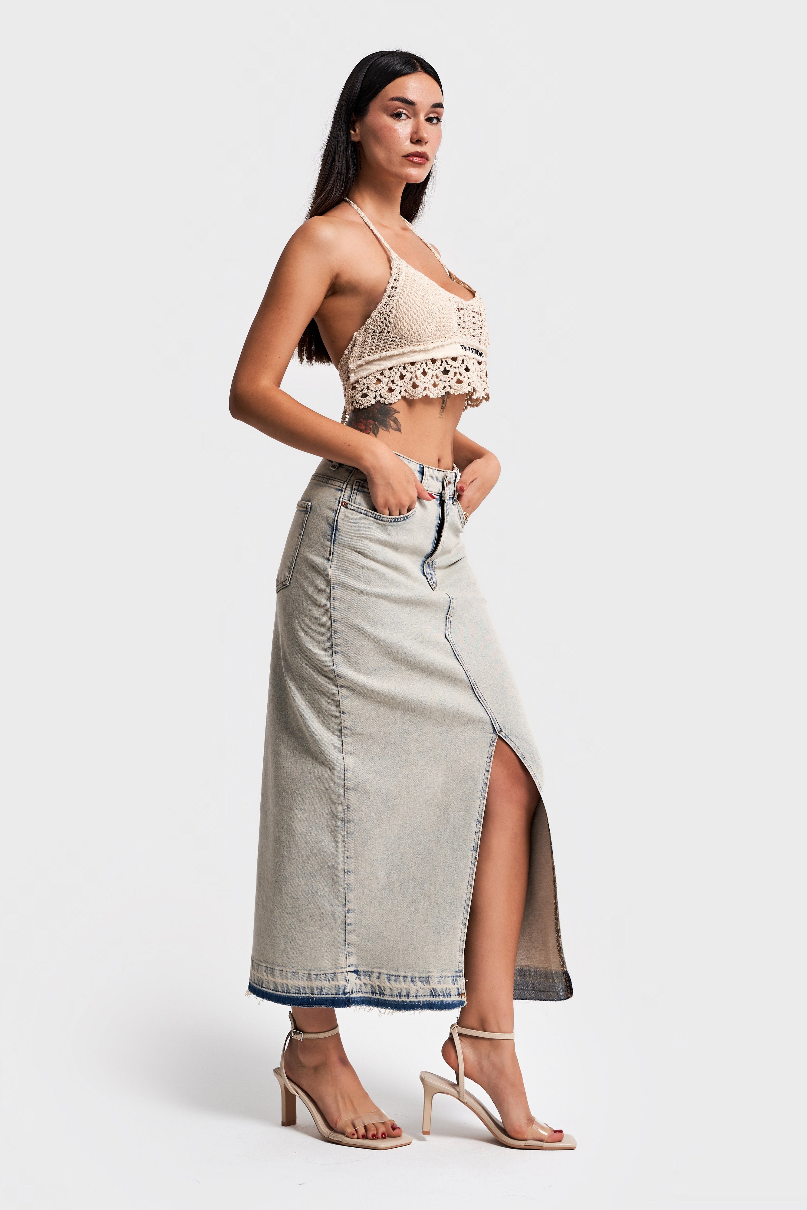 Women's Natural Denim Color Flexible Lycra Fabric Maxi Length Denim Skirt