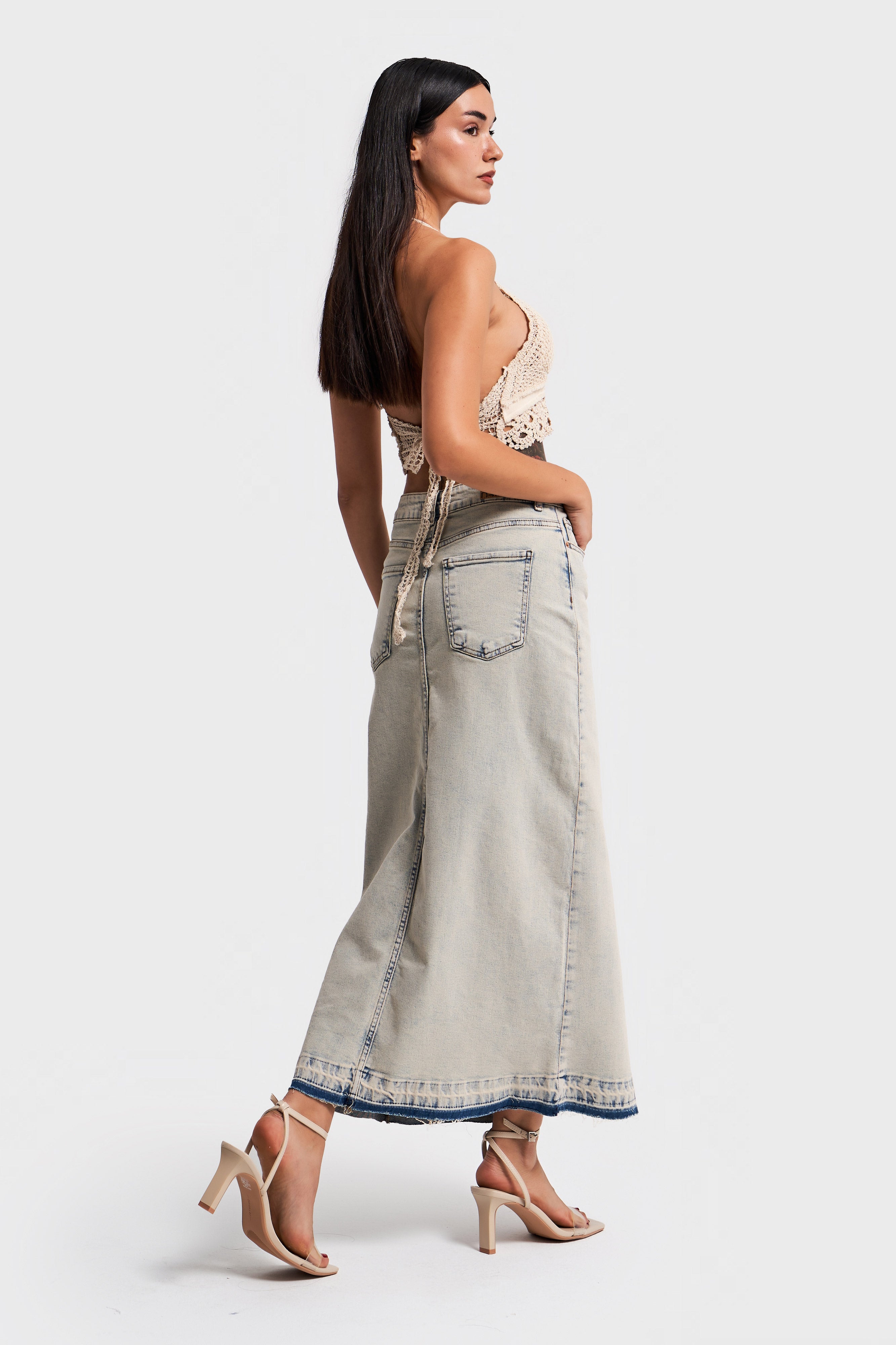 Women's Natural Denim Color Flexible Lycra Fabric Maxi Length Denim Skirt