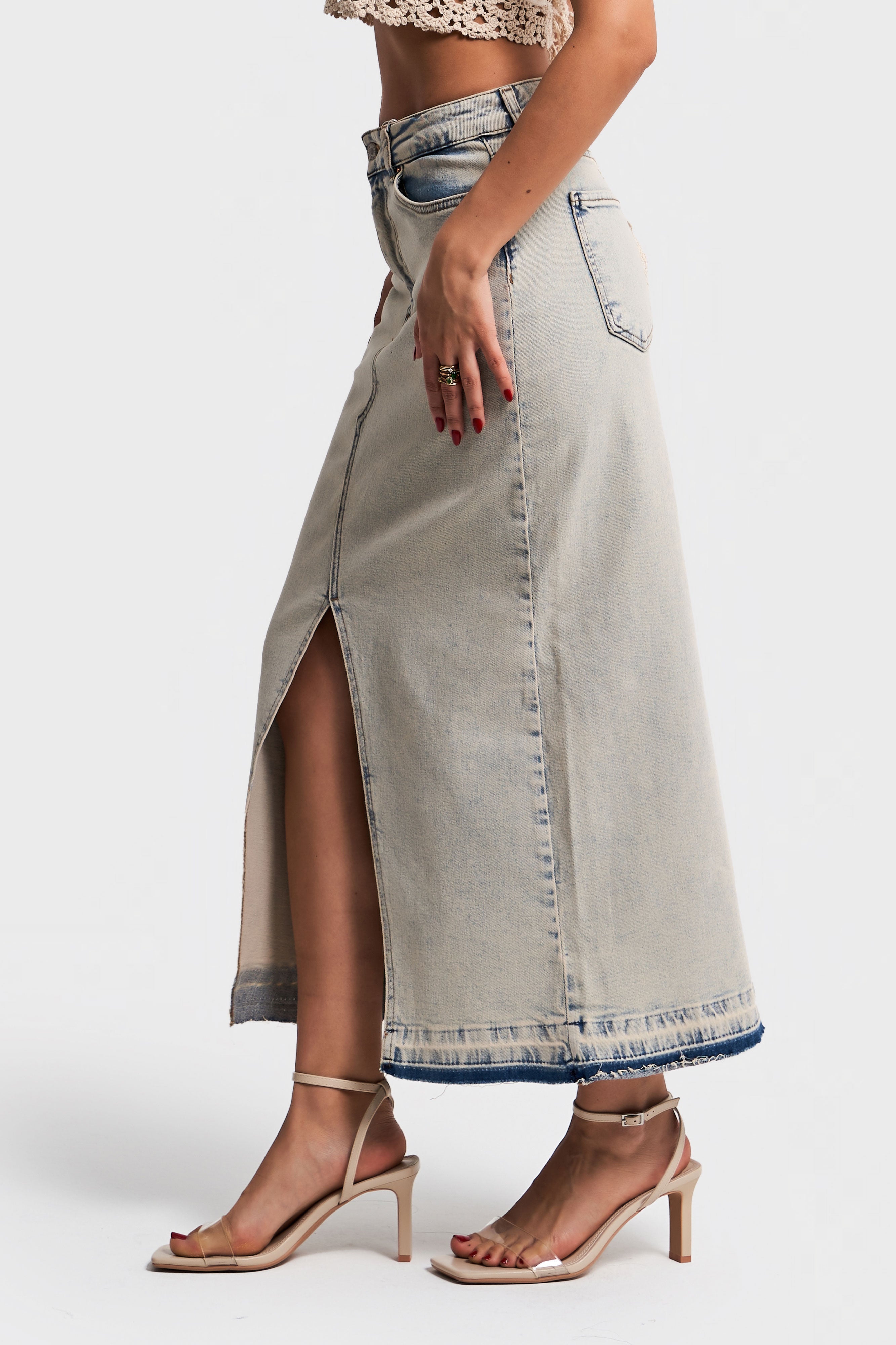 Women's Natural Denim Color Flexible Lycra Fabric Maxi Length Denim Skirt