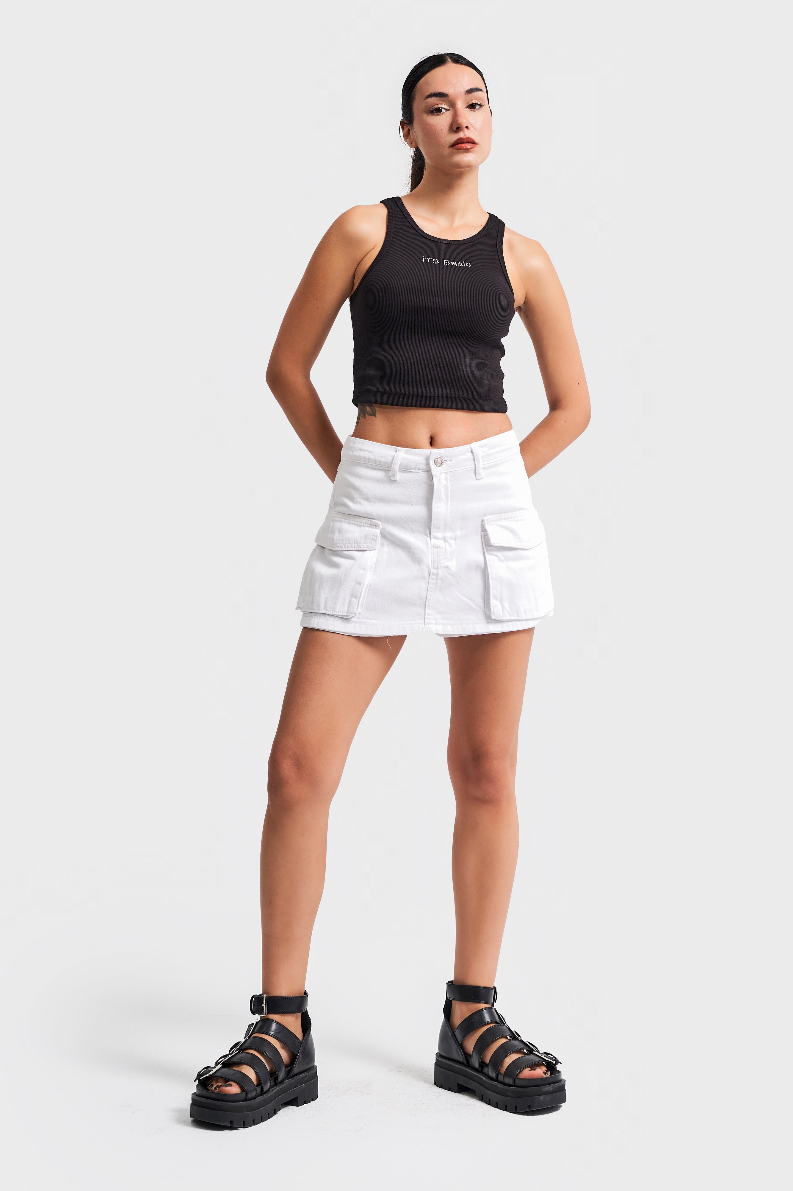 Women's Optic White Color Cargo Pocket Mini Denim Shorts Skirt